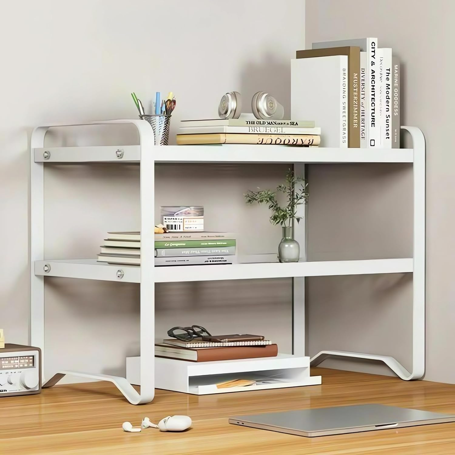 3-Tier Desktop Organiser Shelf, Metal Storage Rack, 40 X 21 X 36 Cm, Black/White Bookcase A225 (White) image number 5