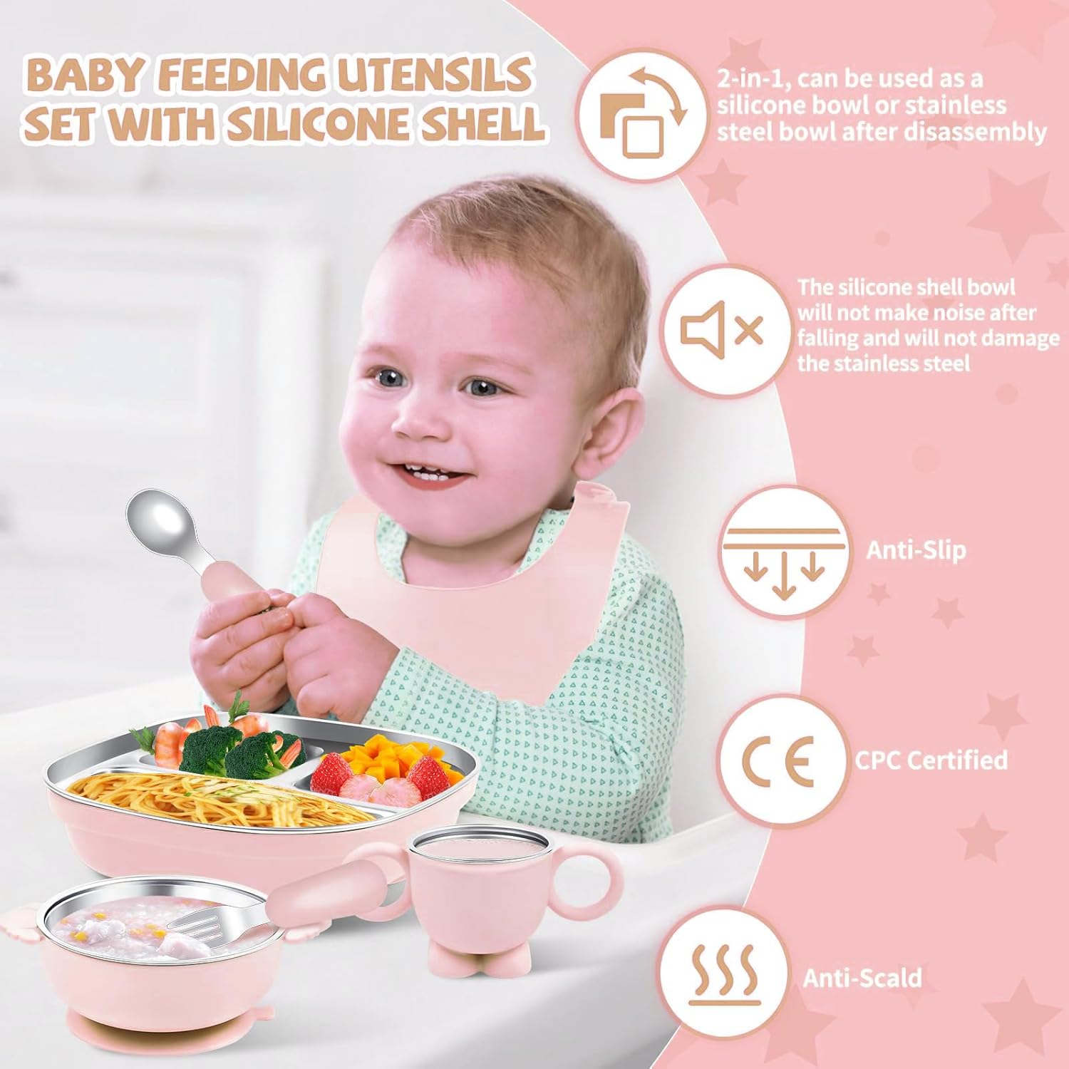 6-In-1 Stainless Steel Baby Feeding Set，Contain Deep-Divide Toddler Plates, Bowls, Cup, Utensils & Bib &ndash; Bpa-Free 304 Steel + Silicone Suction &ndash; Dishwasher Safe ﻿ image number 4