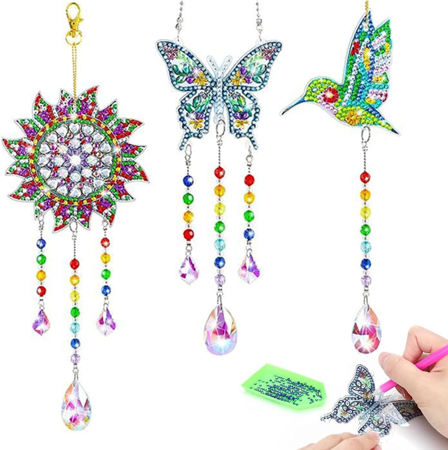 3 Pcs Diamonds Paintings Suncatcher,Double Sided Crystal Gem Painting Hanging Ornament,5D Diamonds Paintings Wind Chimes,Diamonds Art Kits Hanging Ornaments for Home Window Decor (Butterfly&Bird&Sun)