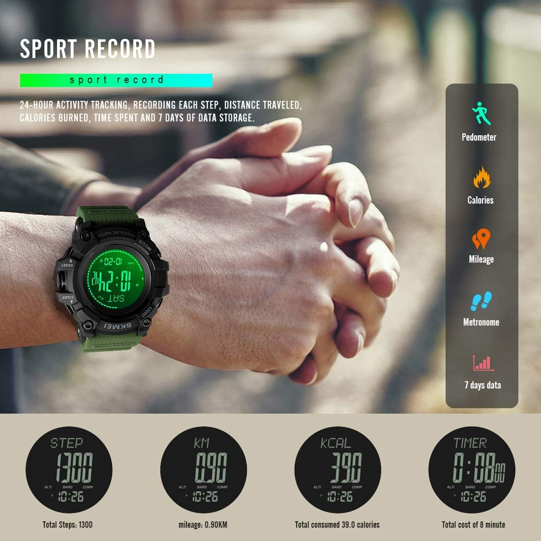 Compass Watch Army, Digital Outdoor Sports Watch for Men Women, Pedometer Altimeter Calories Barometer Temperature Waterproof image number 4