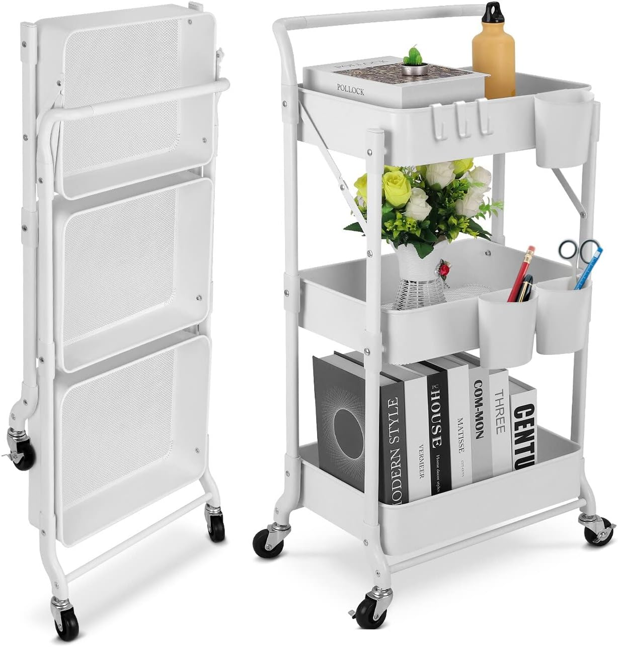 Johgee Foldable 3 Tier Metal Utility Rolling Cart, Folding Mobile Multi-Function Storage Trolley Organizer Cart for Home Library Office(White) image number 3