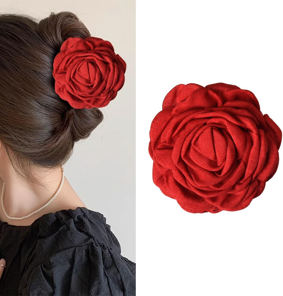 Large Rose Flower Claw Clip for Women Girls Red Rose Hair Clips for Women Girls Rose Claw Clips for Hair Decorations for Long Short Hair Styling Clips for Women Girls image number 4