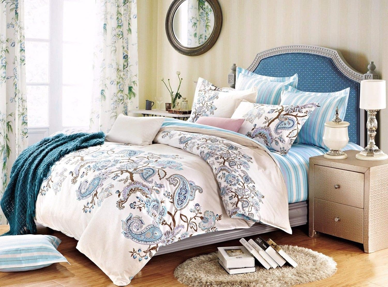 Blue Paisley White Quilt Cover Set - 100% Pure Cotton 3 Piece Quilt/Doona/Duvet Cover Cover Set Includes Two Pillowcases (Quilt Cover Set - King)
