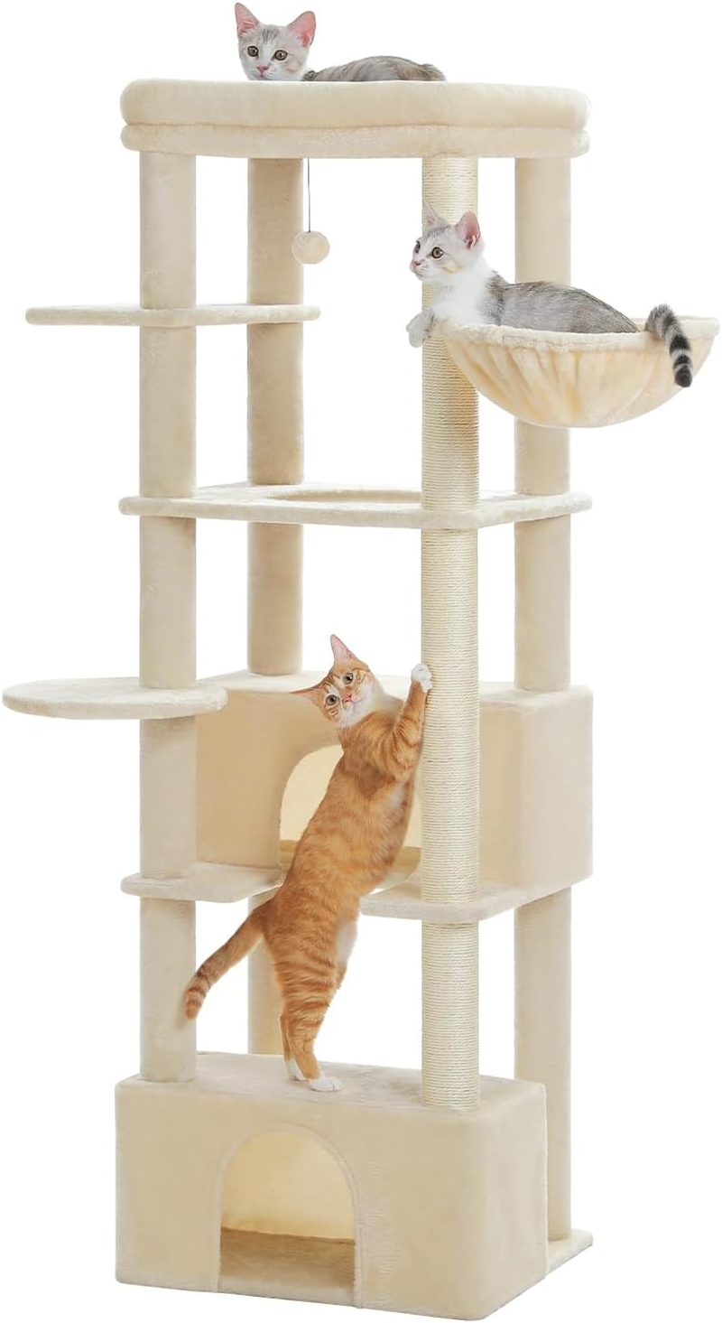 PAWZ Road Cat Tree for Large Cats, 170Cm Cat Tower for Indoor Kitten,Multi-Level Cat Furniture with Large Condo,Spacious Top Perch(53X43Cm), Cozy Hammock(Dia=35Cm), Cats Scratching Post. Grey