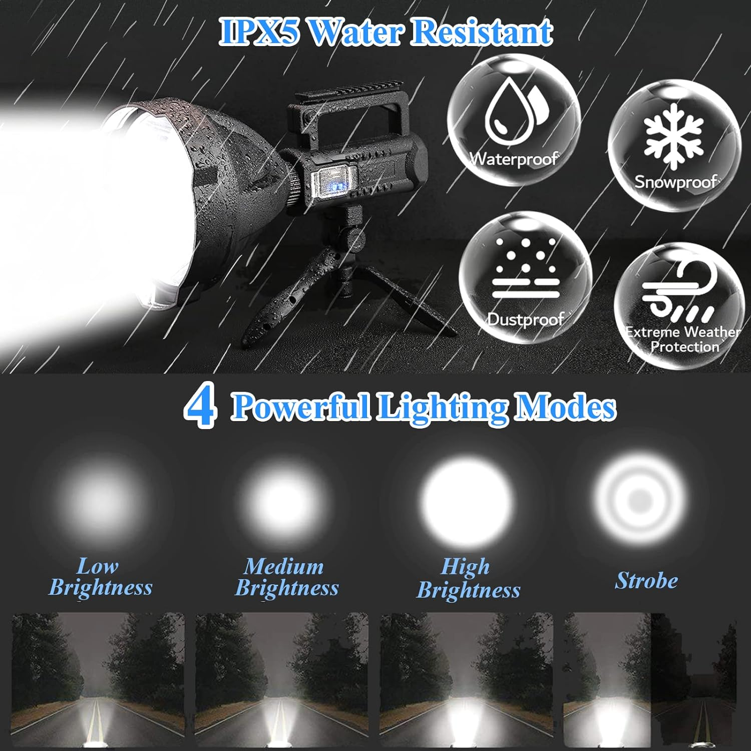 Uhanciny Rechargeable Spotlight Flashlight, 100000 Lumen LED Spot Lights Handheld Large Flashlight High Lumens Super Bright Outdoor Searchlight with 4 Modes, USB Output, IPX5 Waterproof, Tripod image number 4