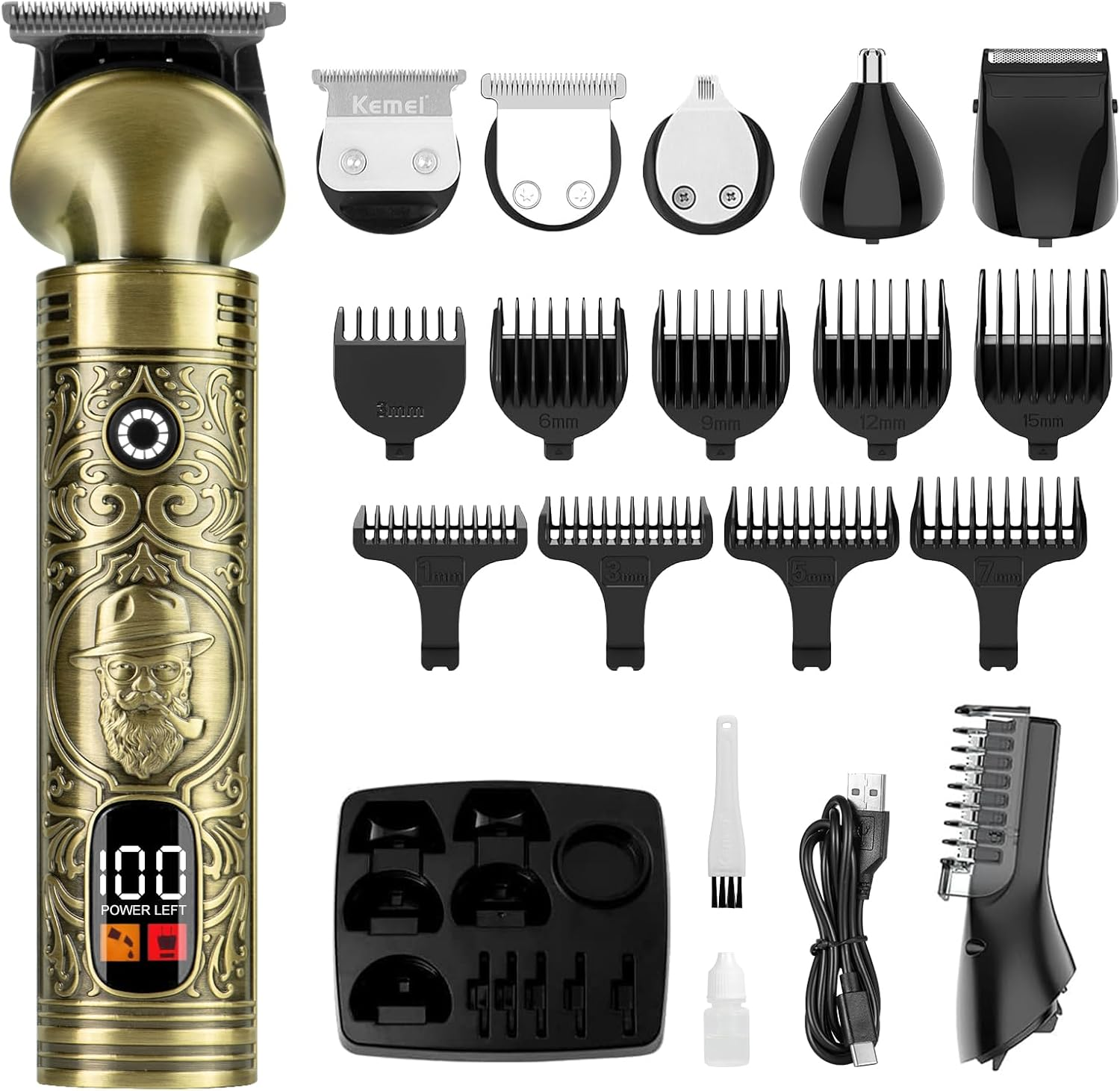 KEMEI Hair Trimmer Beard Trimmer Men'S Hair Trimmer with 6 Cutting Heads, Trimming Hair, Beard, Nose, Ears and Body Hair, Shaving, LED Display