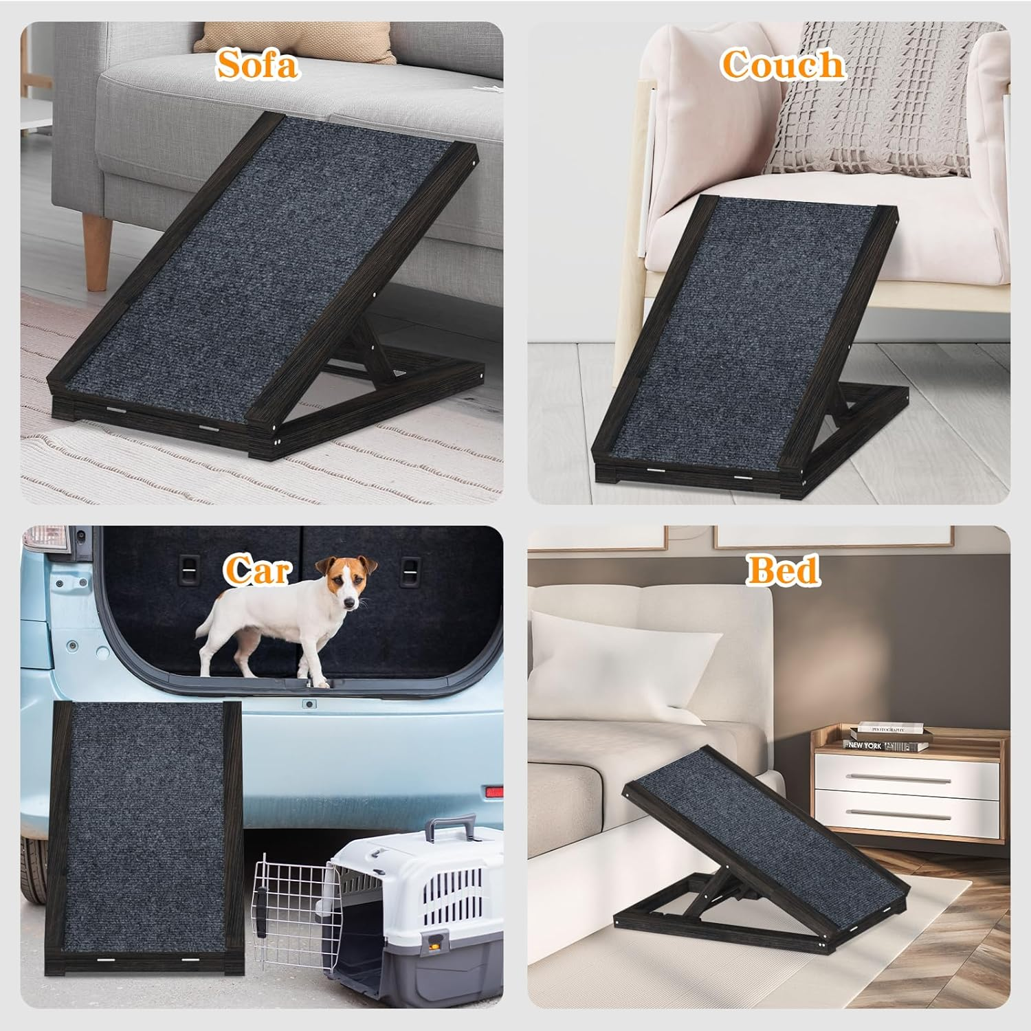 Advwin Wooden Pet Ramp, Non-Slip 3 Level Adjustable Height Foldable 70Cm Long Dog Ramp for Bed, Couch or Car, Safety Stairs Puppy Ramps - Black image number 6
