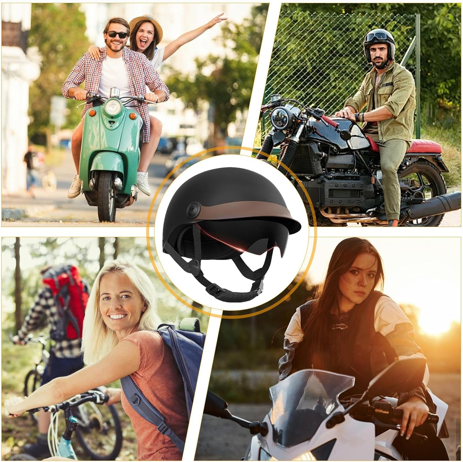 Adult Motorcycle Helmet, Open Face Helmet, Cruiser Scooter Hat, Sun Shield Helmet Hard Cap Motorcycle Safety Half Helmet Motorbike Sun Shield Cruiser Helmet Men Scooter Helmet Women