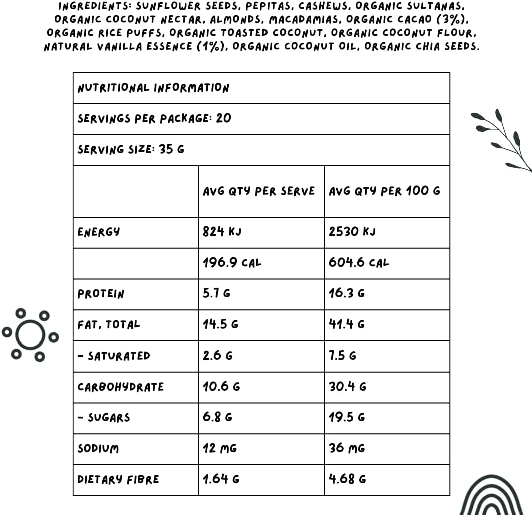 BSKT WHOLEFOODS - Vanilla Cacao Veganola - Granola Breakfast - Gluten Free Non GMO Plant Based - Added Hints of Vanilla Notes - Plant Based - No Use of Refined Sugar - Dusted Organic Cacao - for Snack and Dessert - Healthy Vegan Breakfast - 700G Bag image number 3
