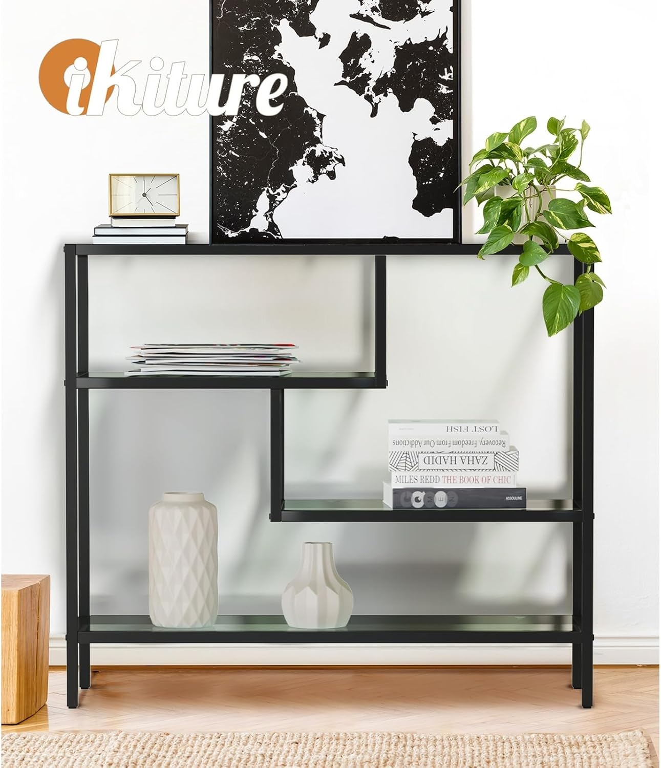 Oikiture Console Table Tempered Glass Sofa Table Hall Side Entry 4 Shelves Black image number 3