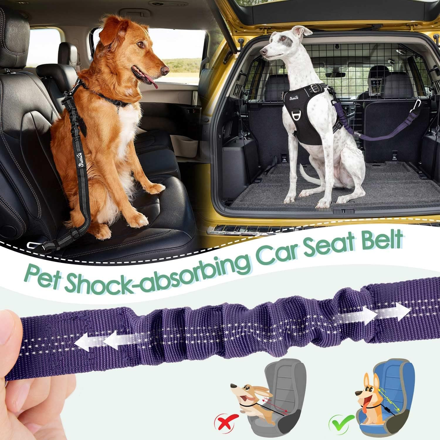 Slowton Dog Seat Belts for Car, 2 Packs Safety Dog Car Seat Belt Latch Bar Attachment Metal Buckle Dog Car Seatbelt Vehicle Trip Travel for Dogs Heavy Duty Elastic Tether for Daily Use in Car image number 3