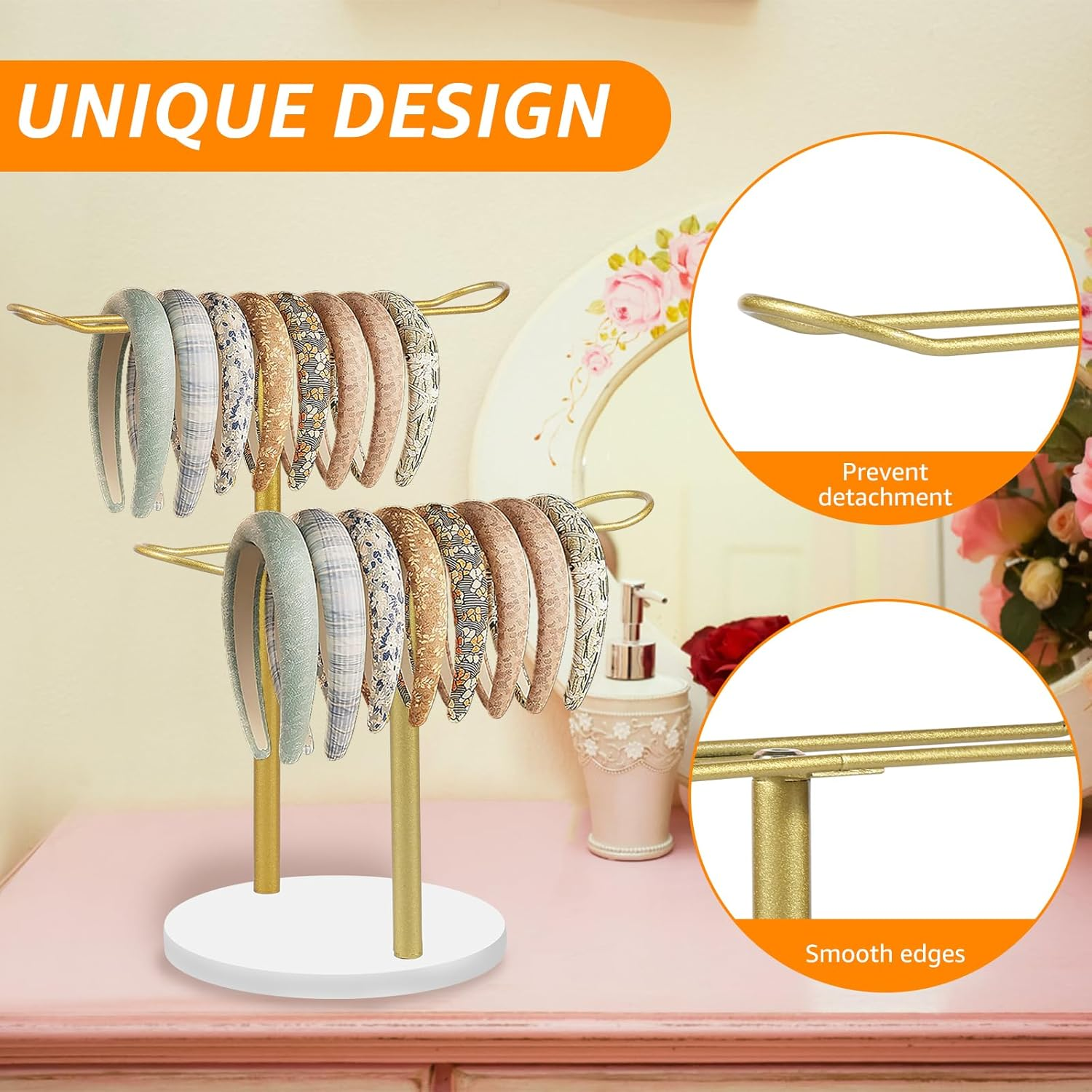 Headband Holder Organizer Metal, Hair Hoop Display Stand, Headband Organizer Storage with Base, Hair Accessories Display Rack, Bracelets Bangle Bedroom Storage Decor for Girls Women (Double Layer)