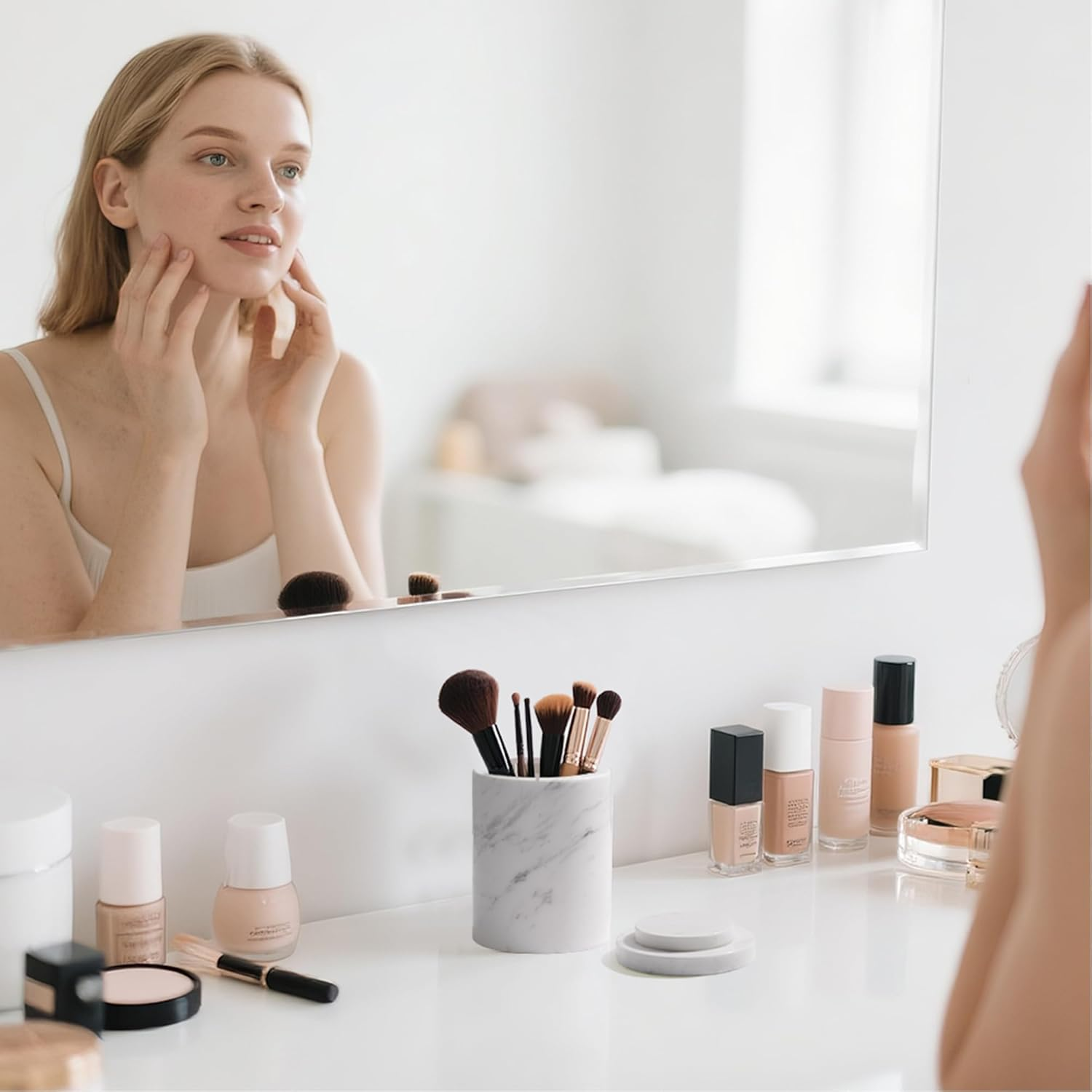 WORHE Marble Canister with Lid Natural Qtip Holder for Cotton Swabs, Balls, Pads, Floss Picks, Bath Salts - Vanity Makeup Storage Organizer Bathroom Essentials Accessories Decor White (DL011) image number 1