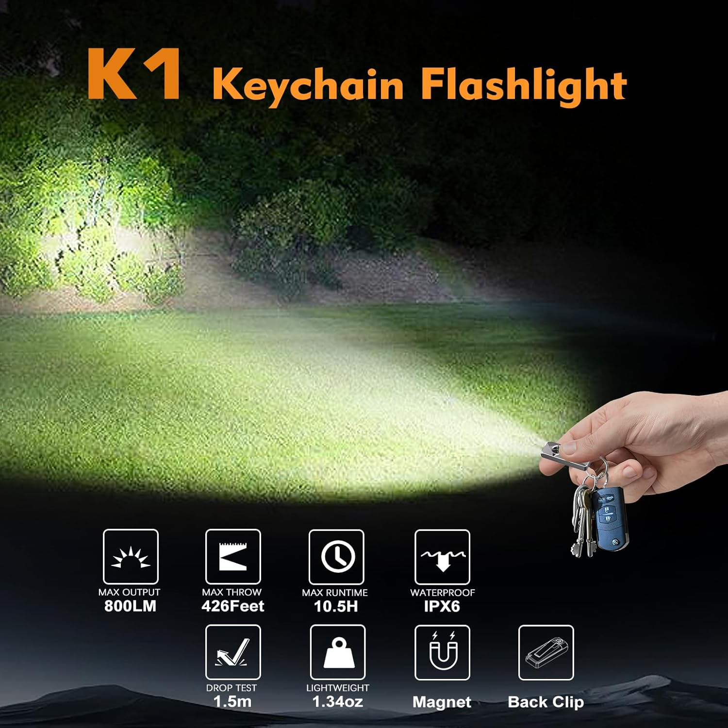 VTIGER K1 Keyring Torches, 800 Lumens Portable Flat Light, Rechargeable Mini Torch with Clip, Compact LED Lamp with Magnet for Daily Use, Camping, Emergency image number 1