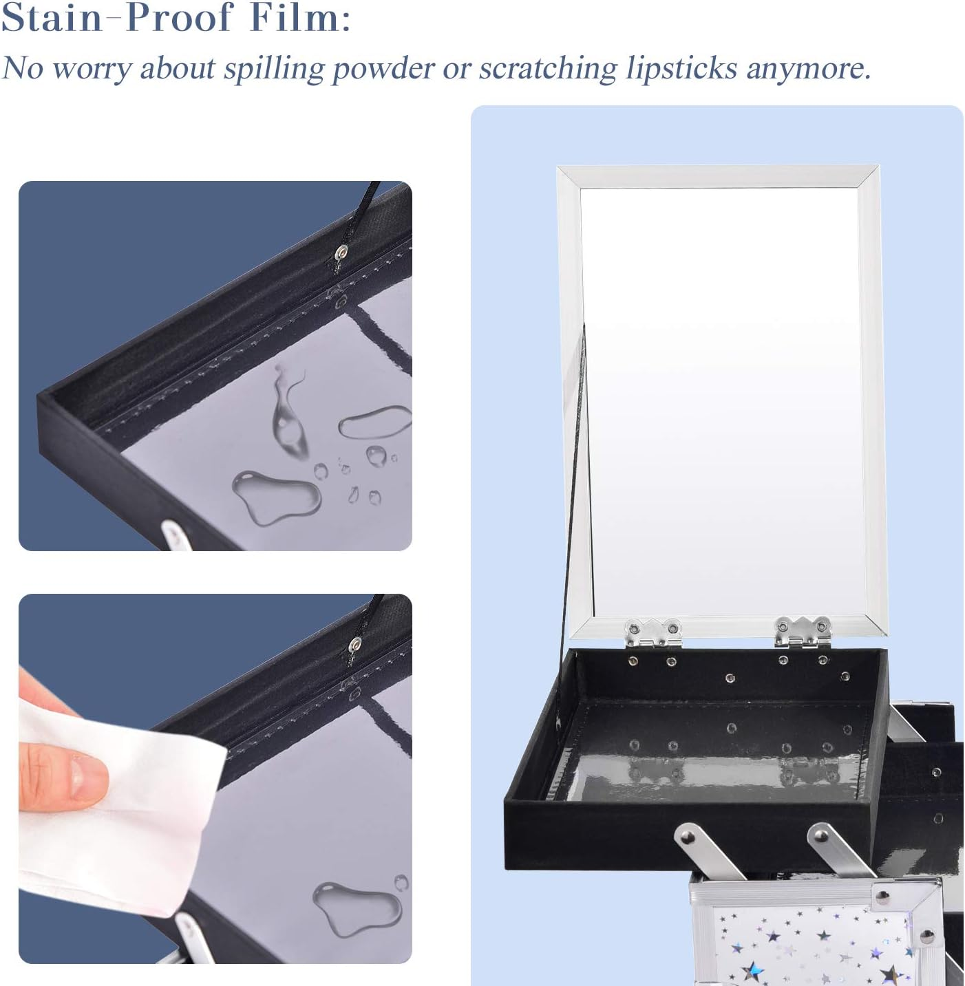 Joligrace Vanity Case Makeup Box Cosmetic Case Beauty Storage Make up Organiser Jewellery Box with Mirror, Lockable with Keys, White Holographic Star, Glamorous image number 5