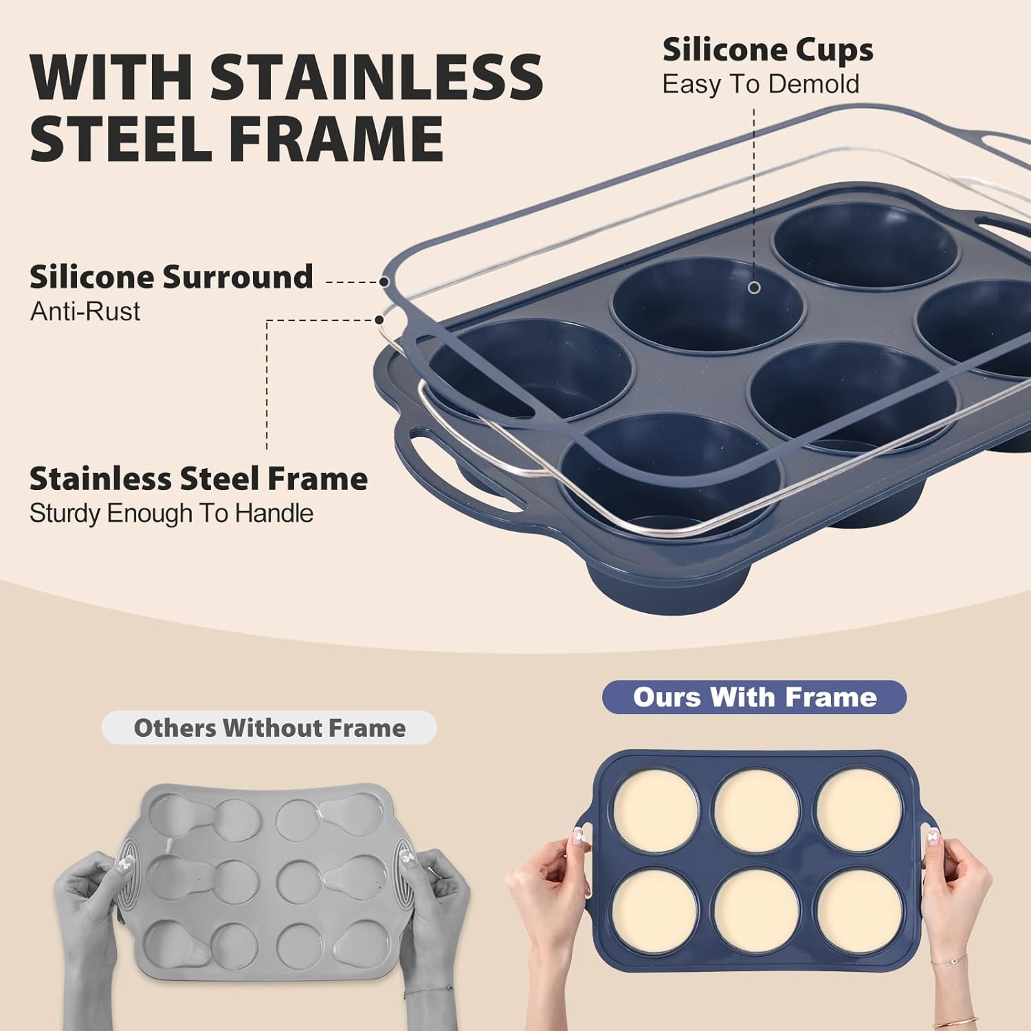 Folksy Super Kitchen Jumbo Silicone Muffin Pan with Metal Frame, Non Stick Silicone Cupcake Pan with Handles 6 Cup, BPA Free Silicon Muffin Tin Tray Extra Large for Baking, Egg Bites,Cupcake Mold Grey image number 1