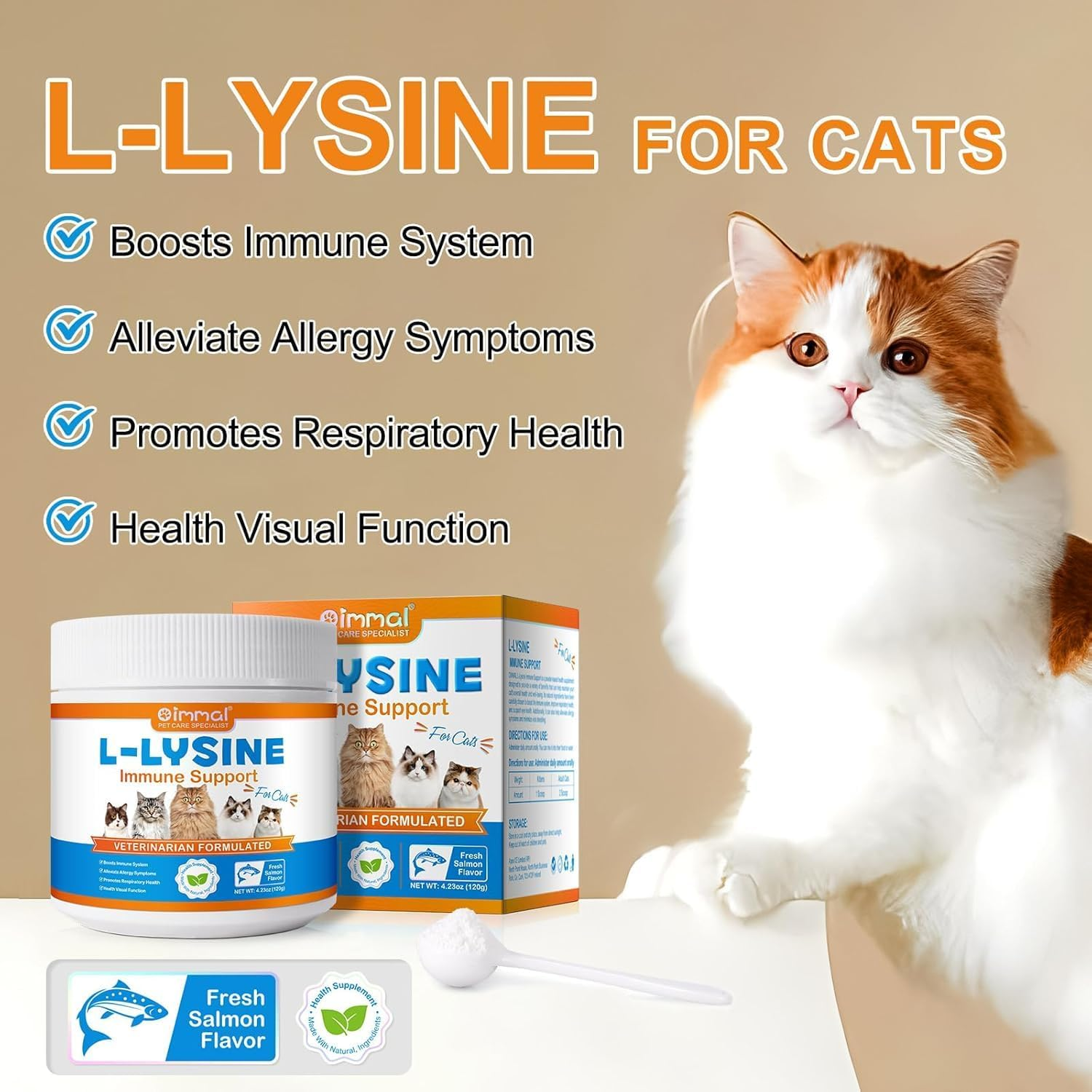 L-Lysine Powder for Cats 120G | Supports Immune System, Respiratory & Eye Health | Salmon Flavour | Daily Cat Supplement Powder image number 5