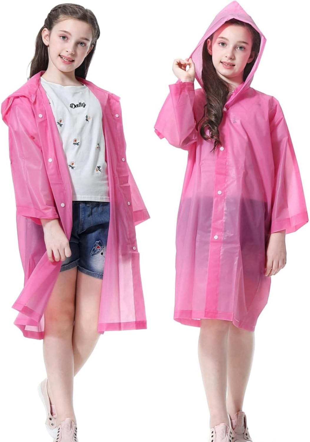 Kids Rain Poncho 2 Pack, Reusable Raincoat Rain Jackets for 6-14 Girls Boys