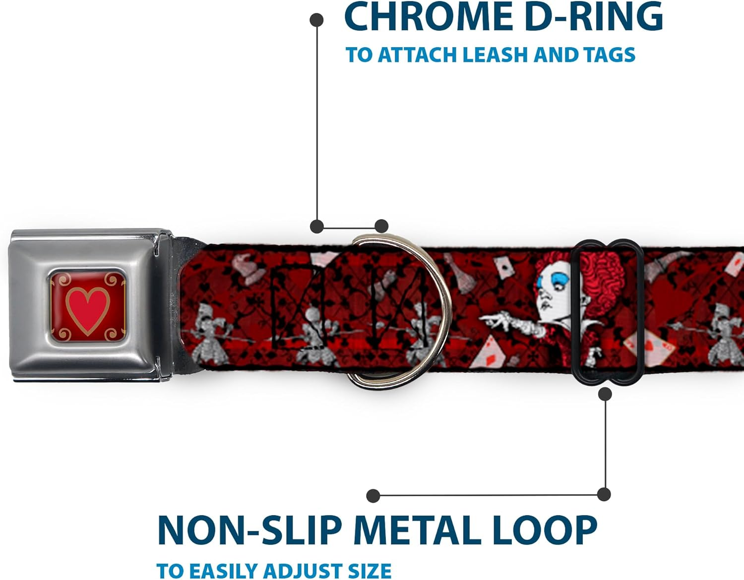 Buckle-Down Seatbelt Buckle Dog Collar - Queen of Hearts Poses/Hearts/Cards Reds/Black - 1.5" Wide - Fits 18-32" Neck - Large