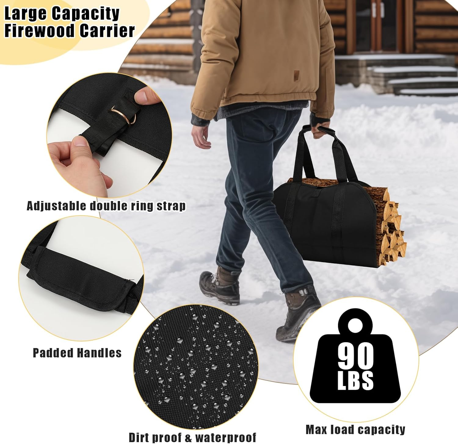 Firewood Rack Indoor with Log Carrier - 34Inch Fireplace Wood Holder, Black Outdoor Firewood Storage Organizer, Heavy Duty Log Holder for Fireplace, Patio Deck, Wood Carrier Tool image number 6