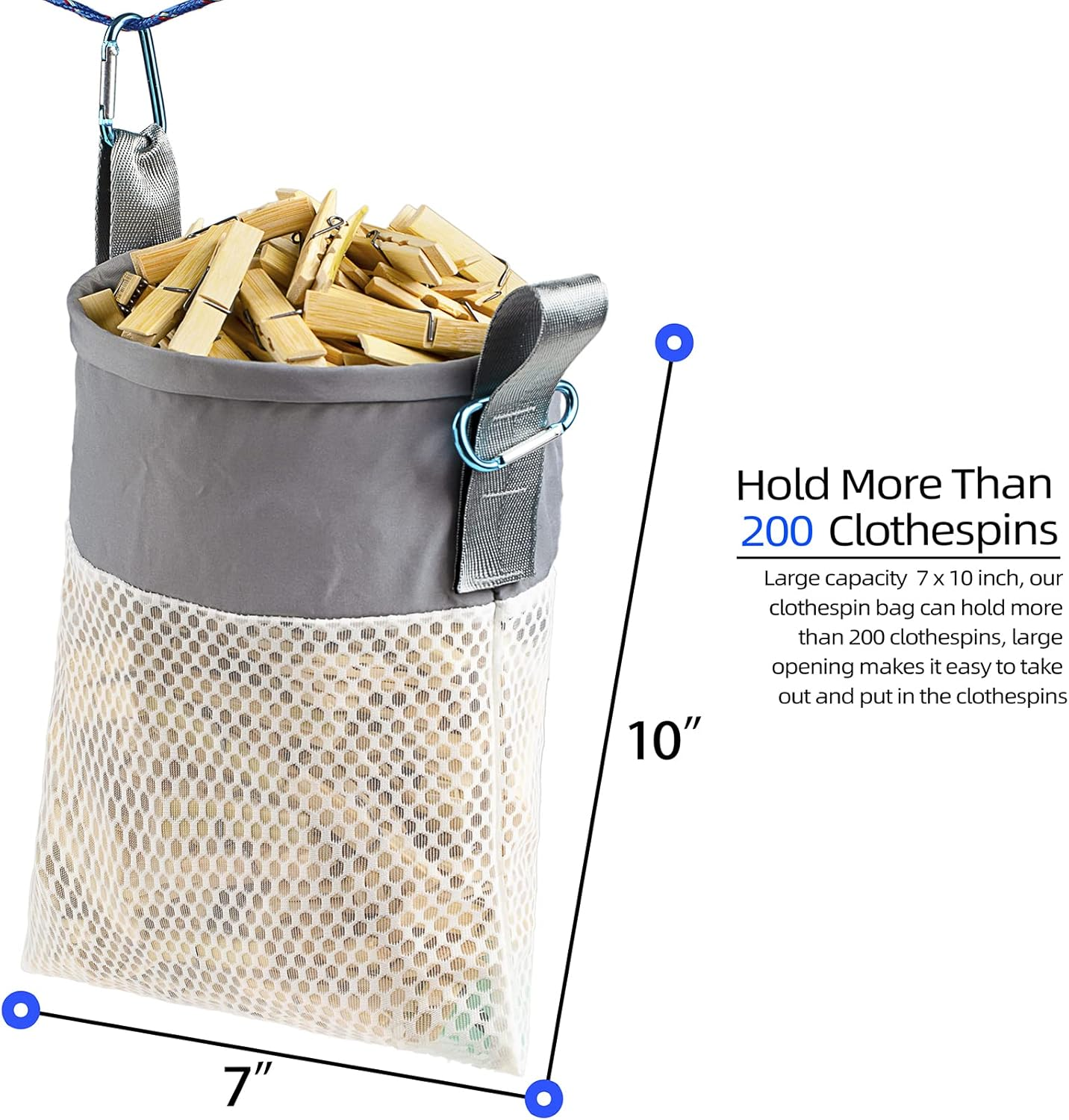 Mesh Clothespin Bag Holder Outside, Multiple Hanging Methods Clothes Pin Bag with Drawstring Closure, Ventilation and Moisture Resistance, Large-Capacity Clothespin Storage Organizer with Hooks