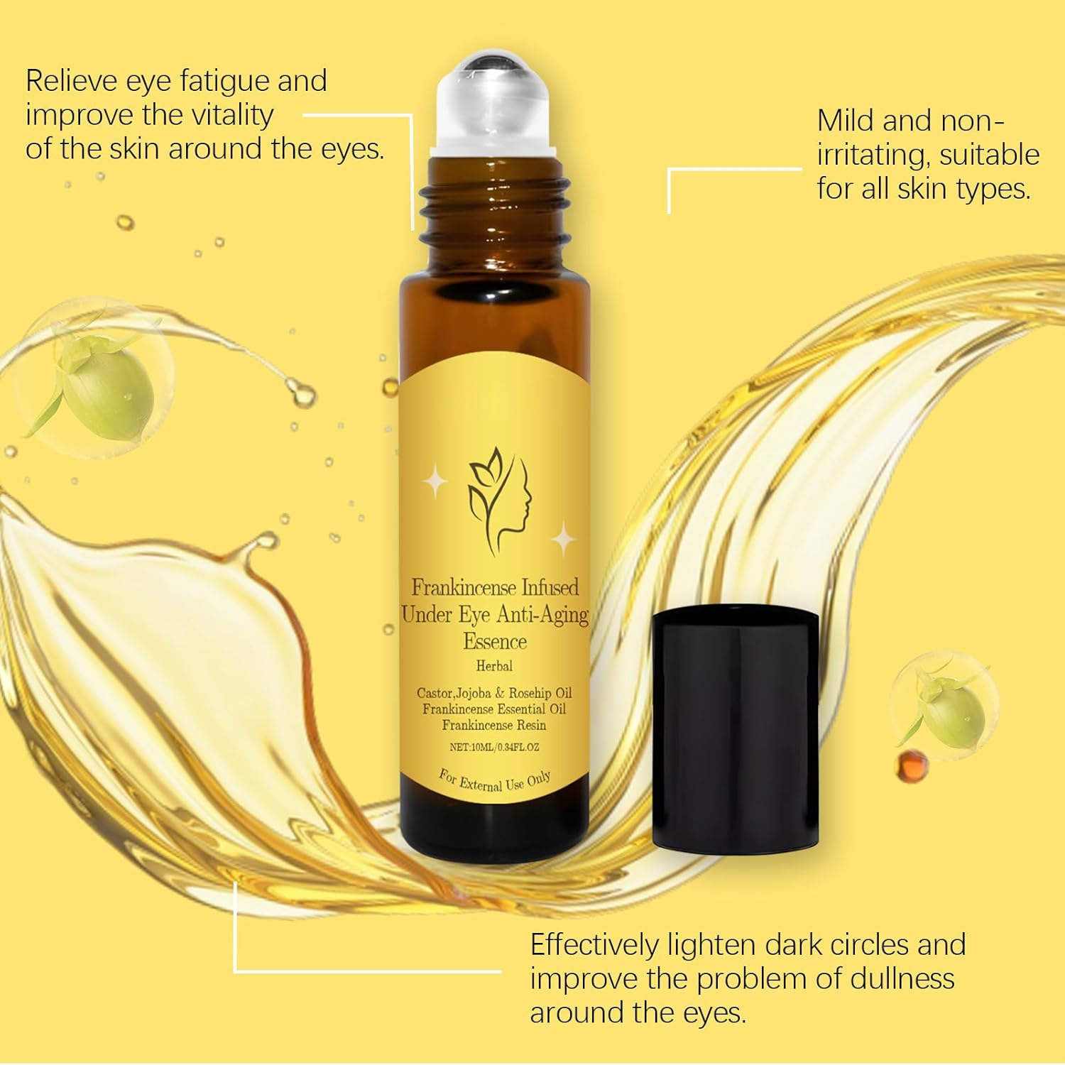 Frankincense Eye Roller Ball Essence Oil with Castor, Jojoba and Rosehip &ndash; under Eye Serum for Dark Circles, Puffiness, Wrinkles, Fine Lines &ndash; Anti-Aging Hydrating Eye Treatment Roller 10Ml (3Pcs) image number 1