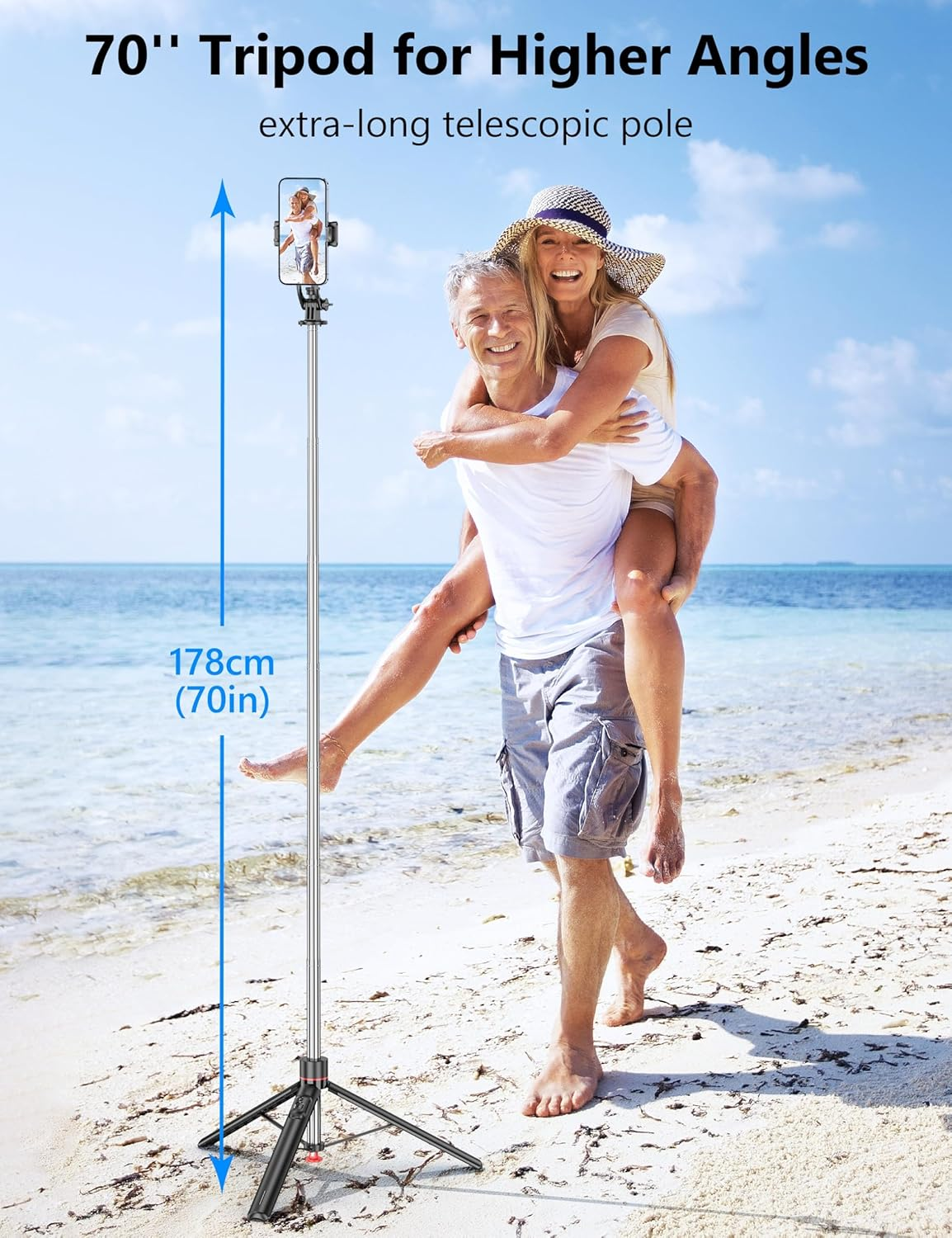 Auto Pop Open Tripod with Magnetic Remote, 178Cm Extendable Automatic Selfie Stick Tripod Compatible with Iphone Android, 360&deg; Rotatable, One-Piece Design for Vlog Video Recording