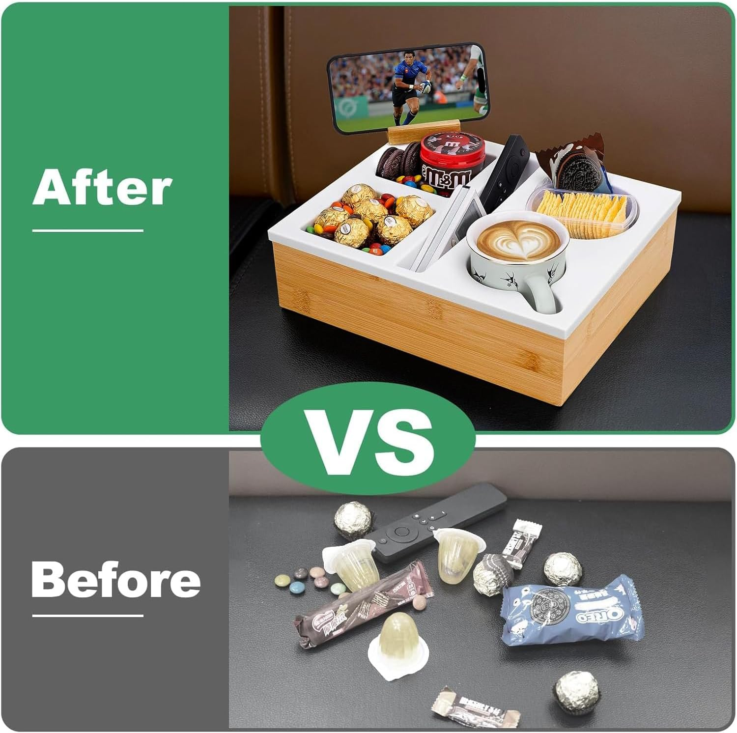 Bamboo Couch Cup Holder Tray 6-In-1 Snack Box Couch Caddy with Rotatable Phone Stand for Sofa Bed Car Seat Organizer, Waterproof Anti-Spill Silicone Drink Holder Tray for Snacks Beverage Remote