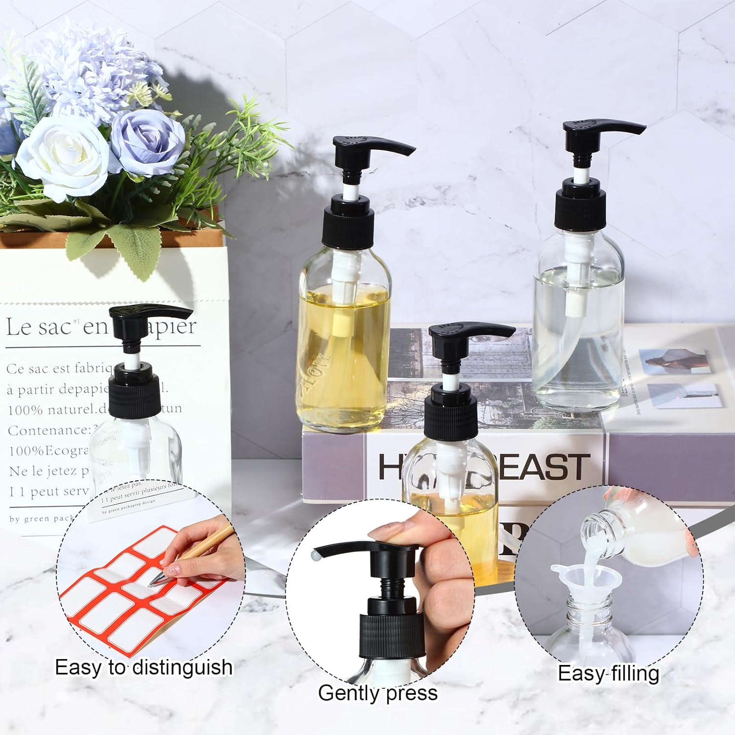 Tanlade 12 Pcs 4 Oz Glass Pump Bottle Empty Travel Glass Bottle with Pump Refillable Glass Hand Soap Dispenser Toiletries Liquid Storage Container Jar for Shampoo Essential Oils Cosmetic (Clear) image number 5