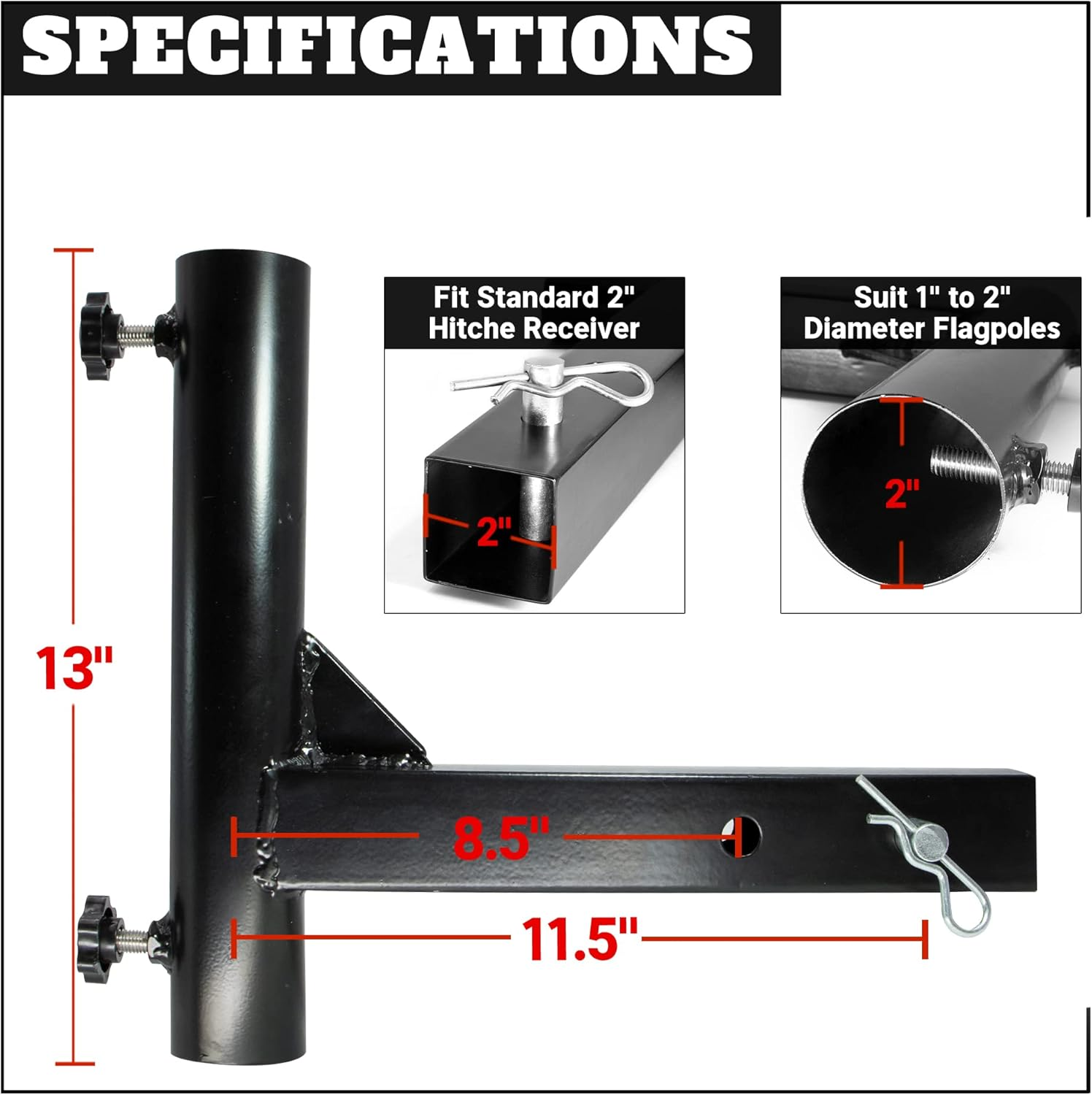 Anley Universal Car Hitch Mount Flagpole Holder - Compatible with Standard 2 Inch Hitch Receiver for Truck, Jeep, Van & RV - Vehicle Rear Flag Pole Mounting Bracket - Fit Flagpole of 1 to 2 In image number 3