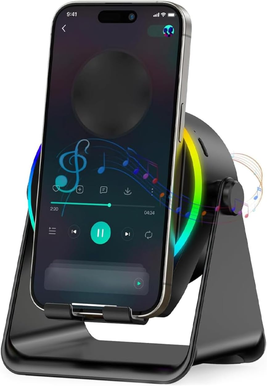 Jectse Wireless Induction Speaker, 5-In-1 Bluetooth Speaker with Phone Stand, Stereo Sound, RGB Ambient Light, 360&deg; Adjustable Base, 2000Mah Rechargeable, Men/Women (Black)