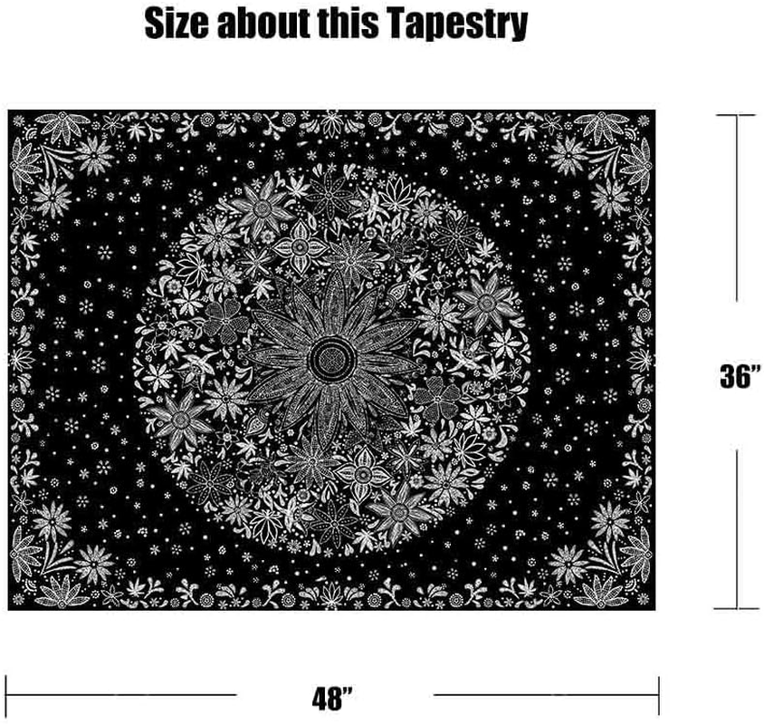 Neasow Bohemian Tapestry Wall Hanging, Black and White Floral Tapestry with Dotted Daisy Medallion Print Bedroom Boho Hippie Home Decor 36&times;48 Inch image number 2