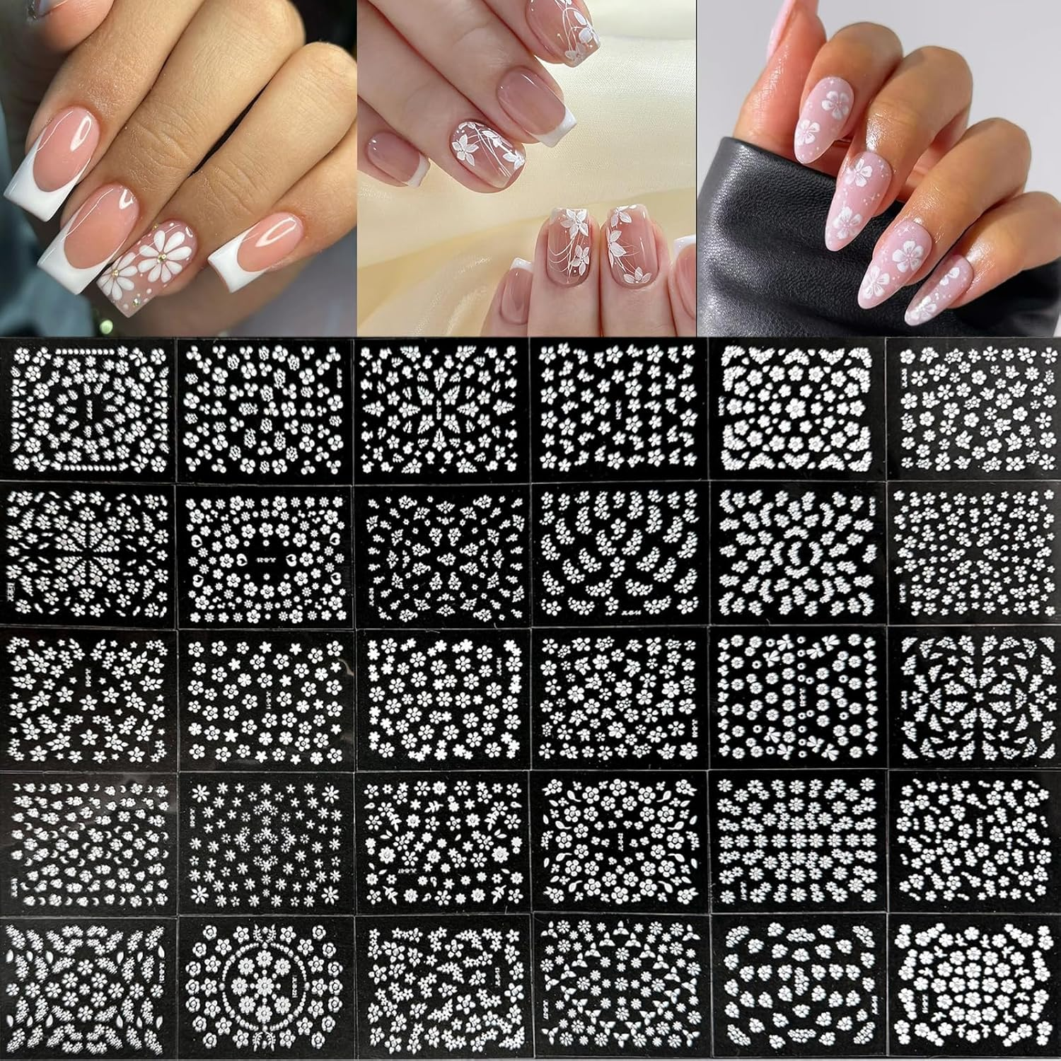30 Sheets White Flower Nail Art Stickers with Rhinestones, 3D Nail Decals Self Adhesive for Nails Decorations for Women Girl image number 1