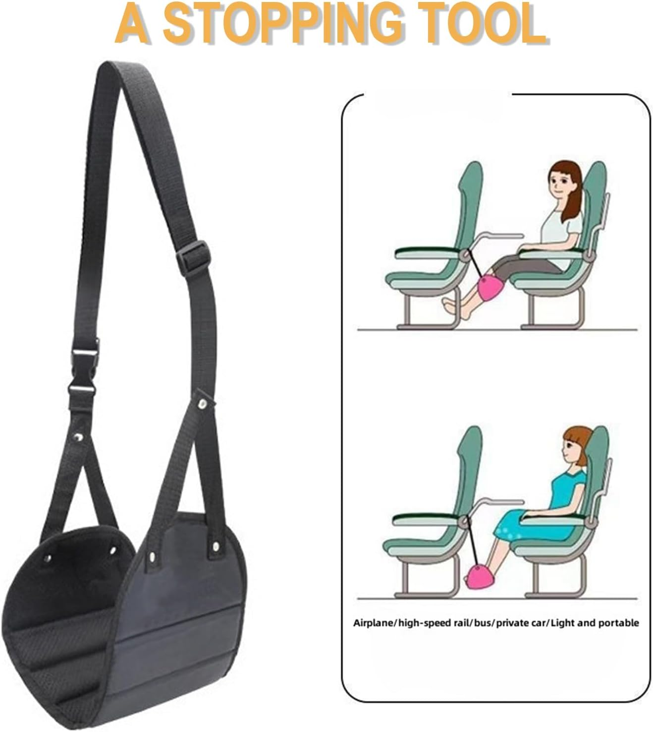 Adjustable Airplane Foot Rest for Travel - Portable Flight Footrest with Detachable Hammock, Lightweight Carry-On Foot Rest Accessories, Ergonomic Height Adjustment (Black) image number 4