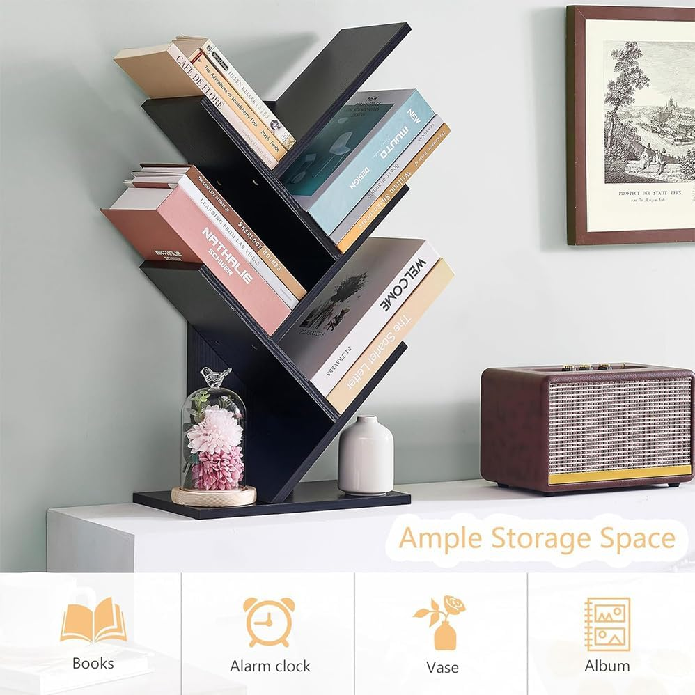 5-Tier Wood Bookshelf Tree Bookcase for Displaying Books, Cds, Magazines and More, Display Floor Standing Shelf for Books, Book Organizer Shelves at Home Office, Living Room, Bedroom, Black image number 5