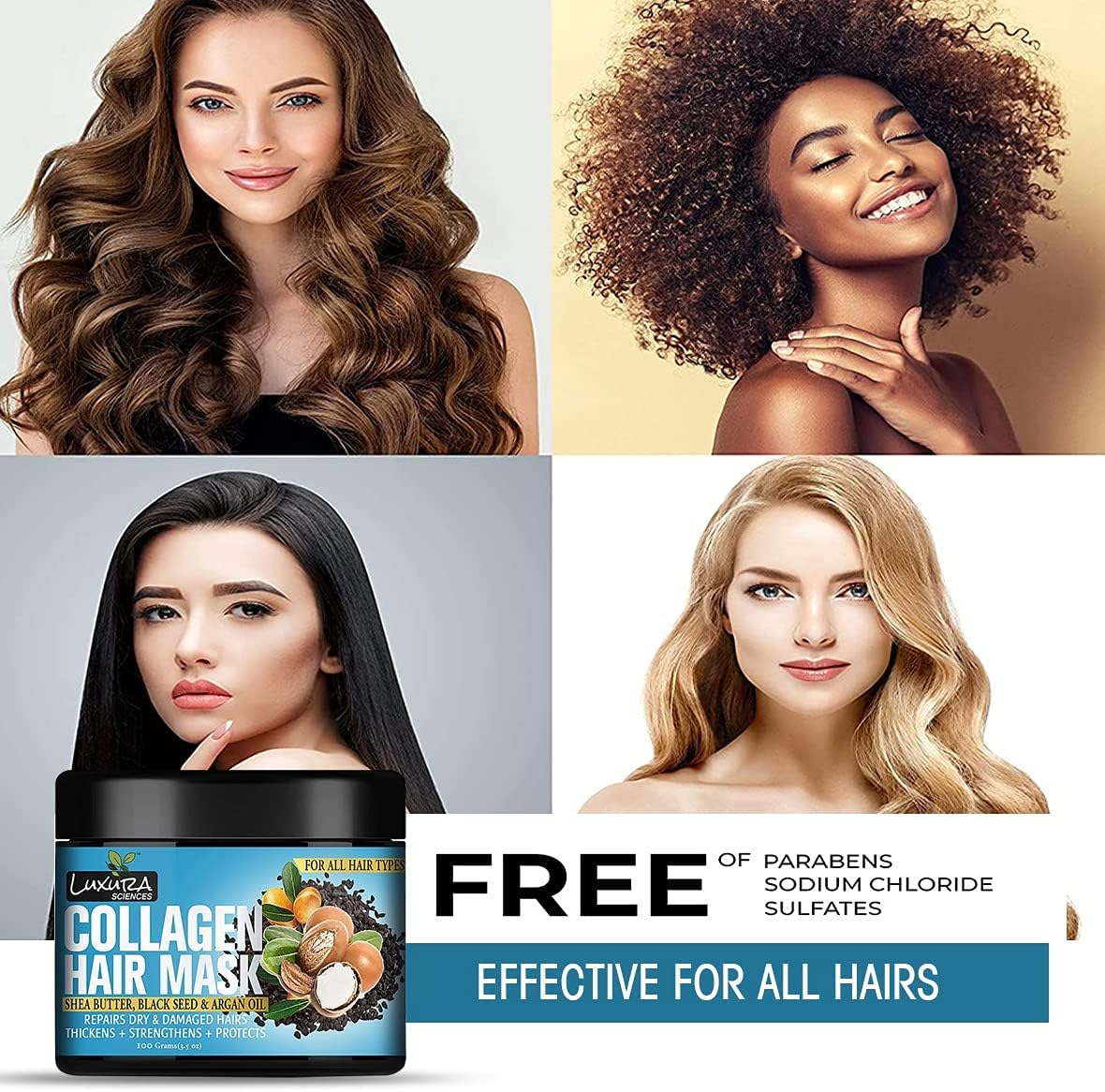 Luxura Sciences Collagen Hair Mask/After Shower Conditioner with Black Seed Oil, Argan Oil & Shea Butter 100G (Refreshing Peace) image number 1