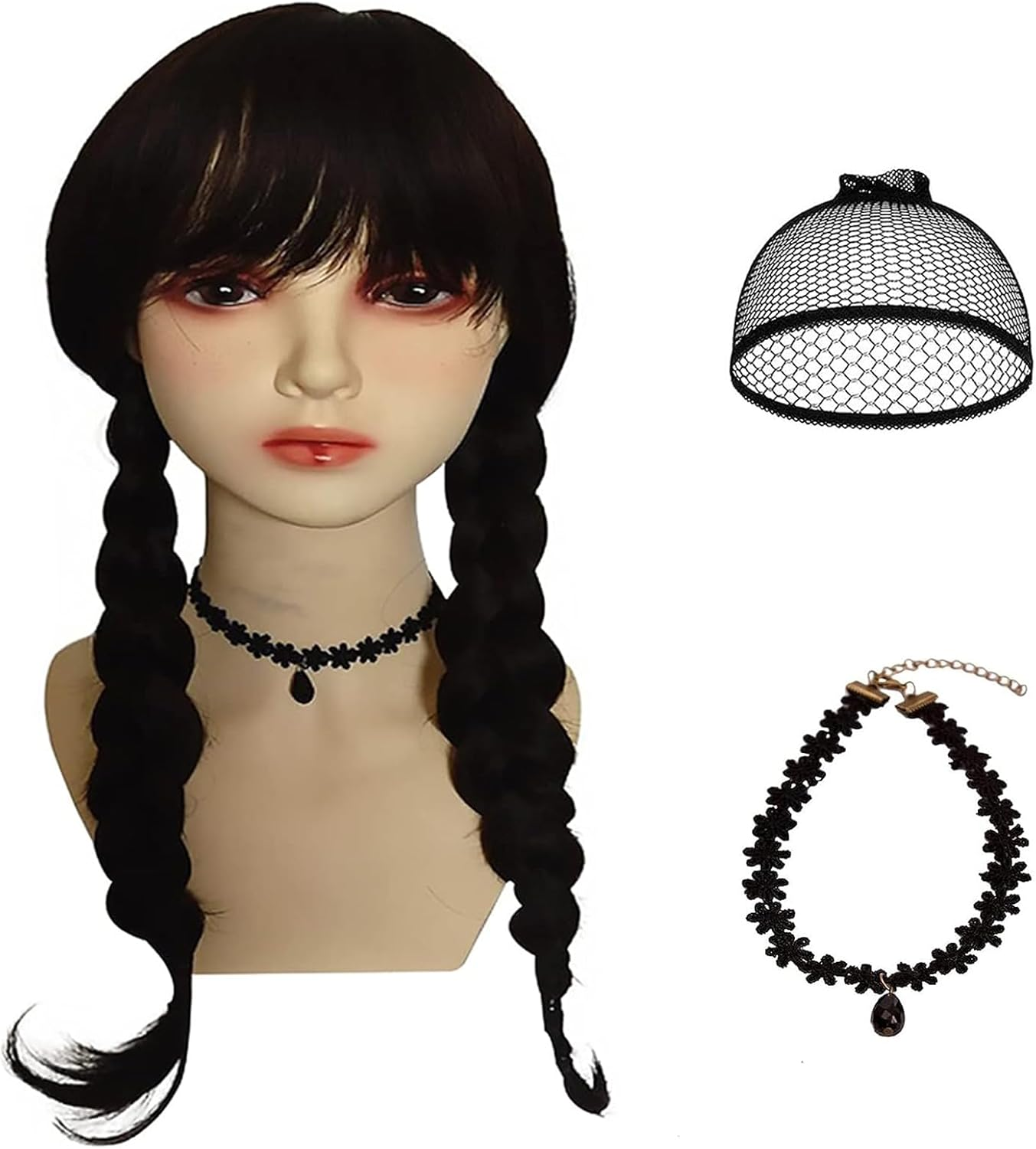 Cosplay Wig, Wednesday Addams 3 Pack Wig with Braid with Wig Cap and Black Lace for Halloween Carnival and Party Fancy Dress Cosplay