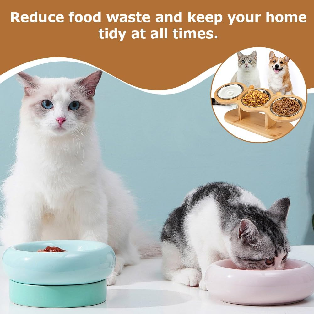 Cat Feeding Station,With 3 Stainless Steel Bowls and Installation Required Parts, Wooden Pet Bowl Holder,Raised Cat Food Bowls, Kitty Food Water Bowls Stand,For Cats and Puppy image number 2