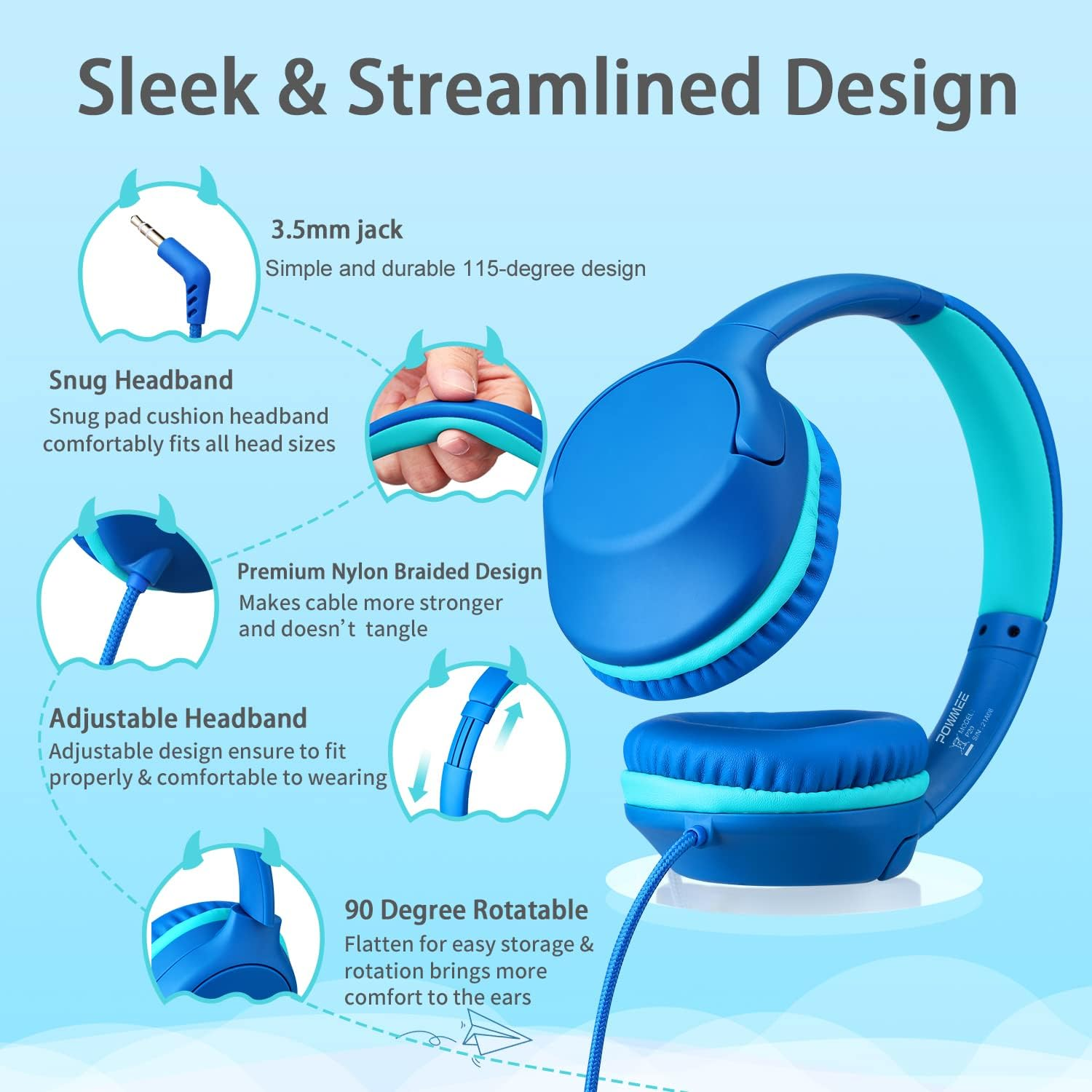 POWMEE P20 Kids Headphones Over-Ear Headphones for Kids/Teens/Boys/Girls/School with 94Db Volume Limited Adjustable Stereo Tangle-Free 3.5MM Jack Wire Cord for Fire Tablets/Travel/Pc/Phones(Blue) - Mint Green image number 7
