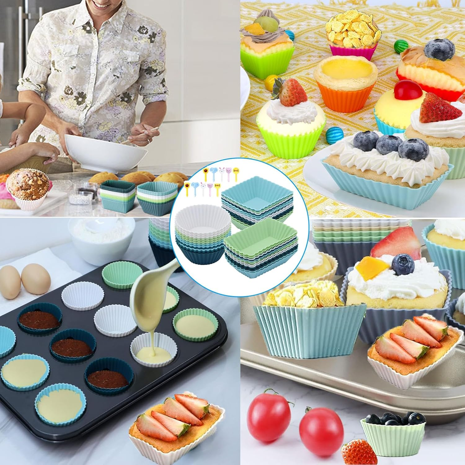 Silicone Cupcake Liners, 48 Pack Reusable Baking Cups, Non-Stick, Heat-Resistant, Round, Square, Rectangular, Green, Perfect for Birthdays, Baby Showers, Social Occasions image number 4