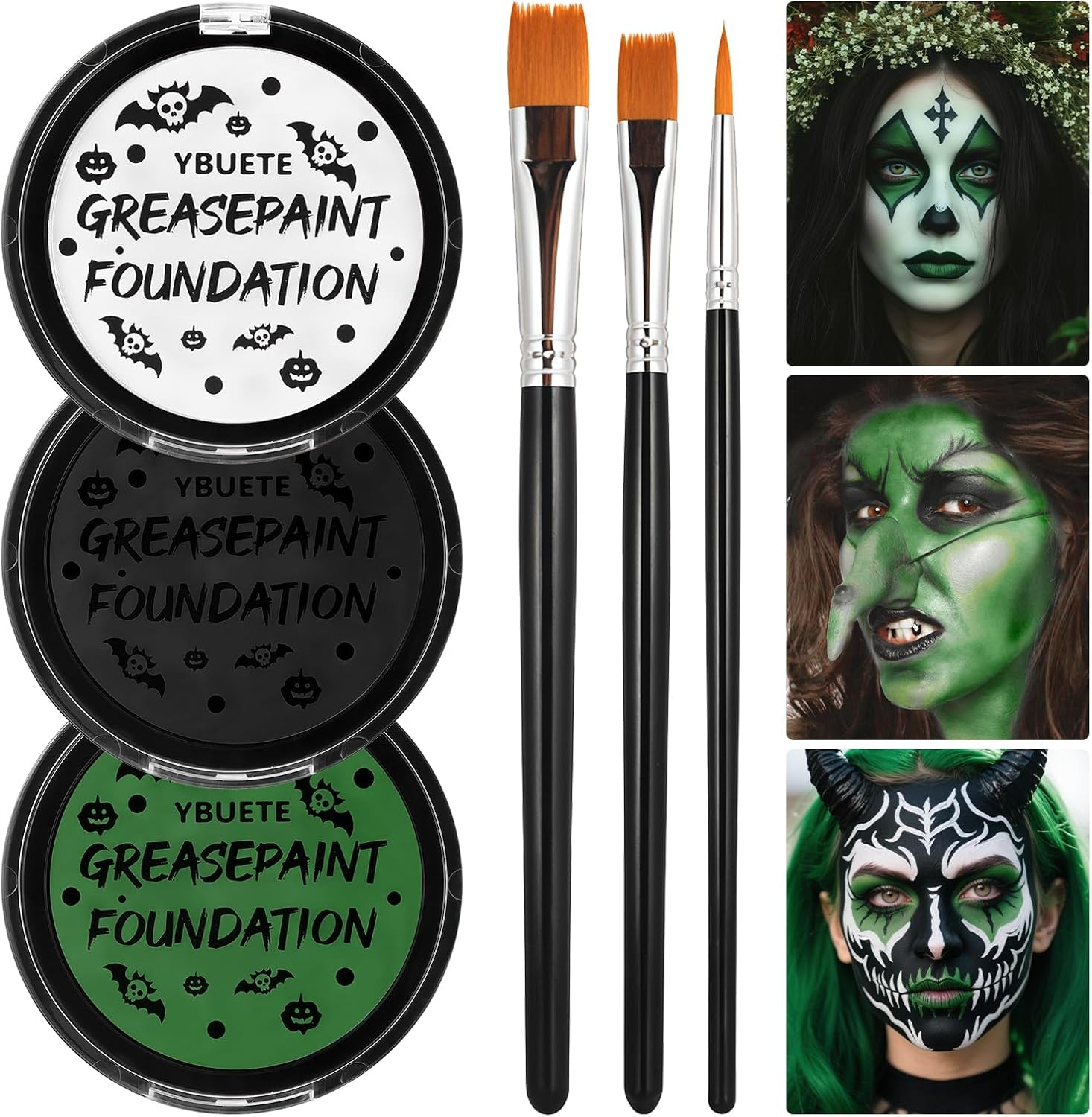YBUETE Orange Black White Oil Based Face Paint Kit with Painting Brushes, Professional Full Coverage Greasepaint for Adults Halloween Cosplay SFX Tiger Pumpkin Makeup Carnival Theater Stage