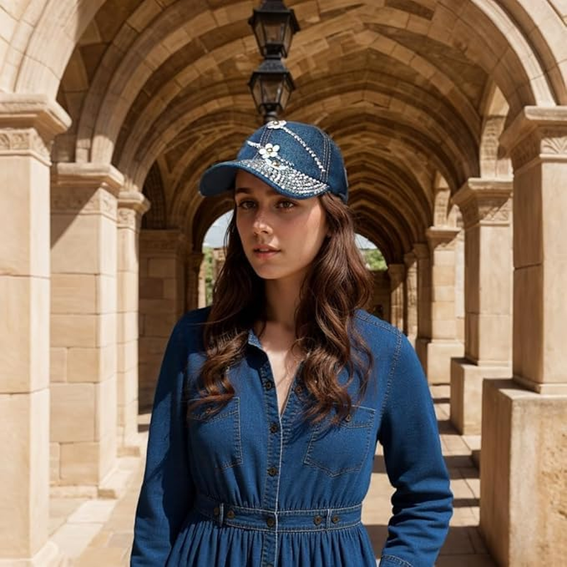 Bling Baseball Cap for Women, Adjustable Rhinestone Sun Hat with Flower Summer Sport Denim Cap image number 5