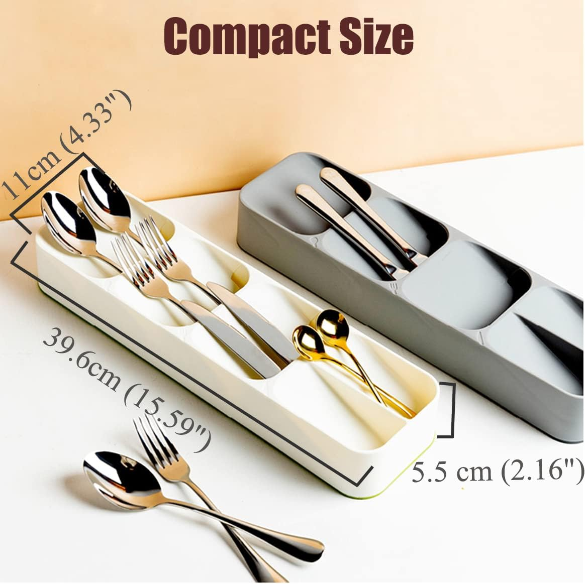 Compact Small Cutlery Tray Organiser, Utensil Holder for Drawers, Kitchen Silverware Drawer Organizer Divider for Spoons Forks & Short Knives, White Green image number 1