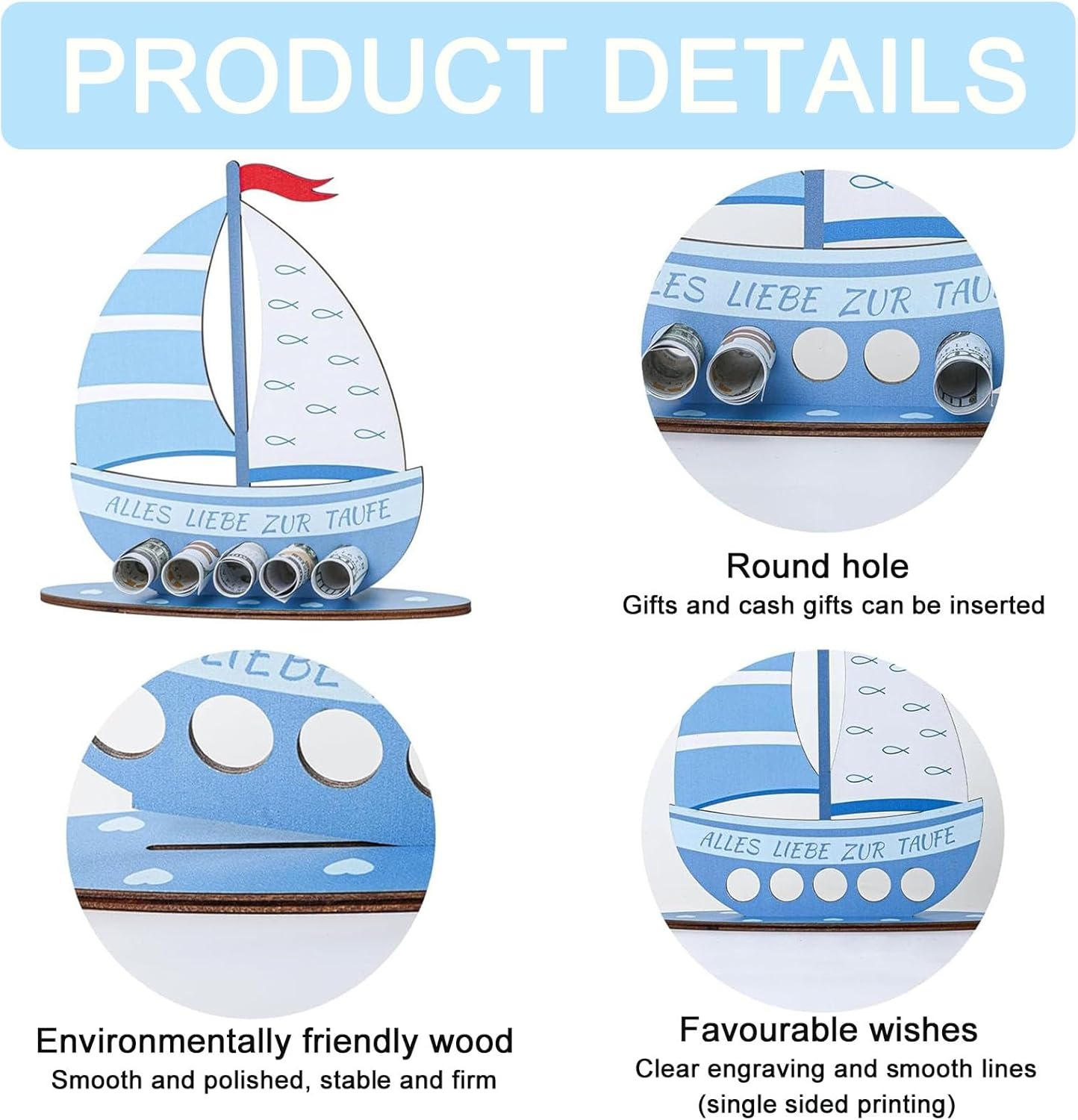 Christening Gifts Boys, Wooden Boat Christening Gift, 19 X 16 Cm Money Gift with Base, Gift Godchild for Christening, Love for Christening, Birth Christening, Money Gift Packaging for Girls and Boys image number 3