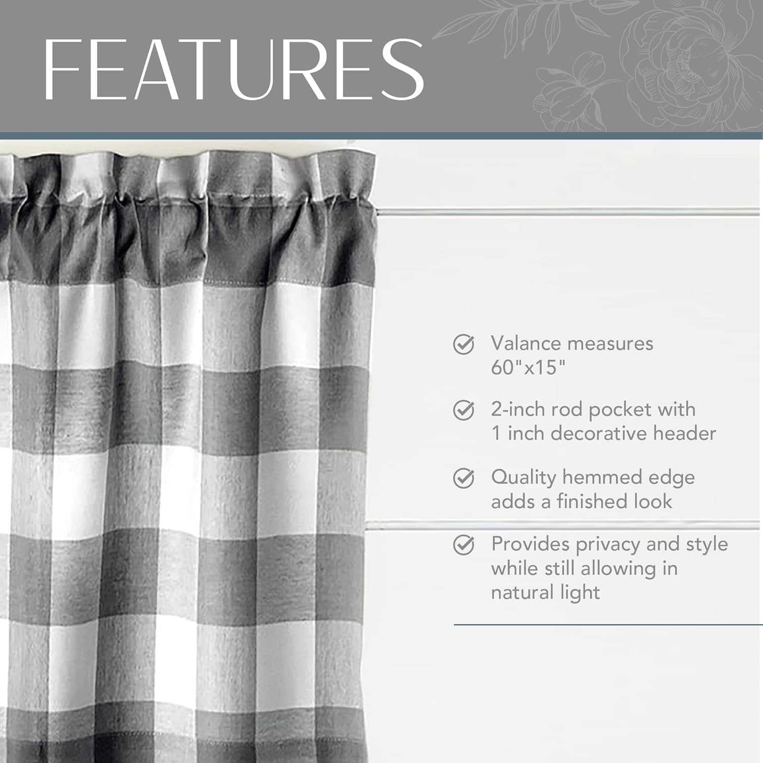 Elrene Home Fashions Farmhouse Living Buffalo Check Window Kitchen Tier Set, 100% Cotton, Black/White, 60" X 15" (1 Valance)