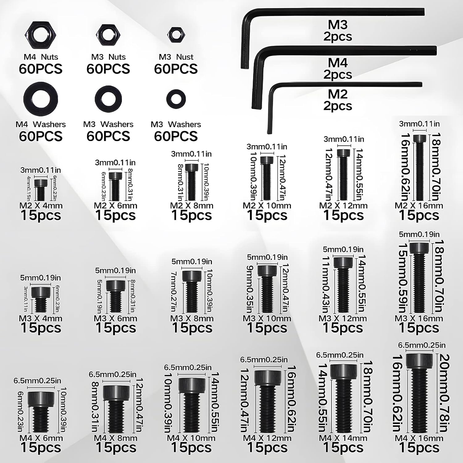 Zmbroll Hex Socket Head Cap Screws Black Bolts Nuts Washers 630Pcs M2 M3 M4 12.9 Grade Alloy Steel Allen Socket Drive Machine Screws Fully Threaded Screws Assortment Kit image number 6