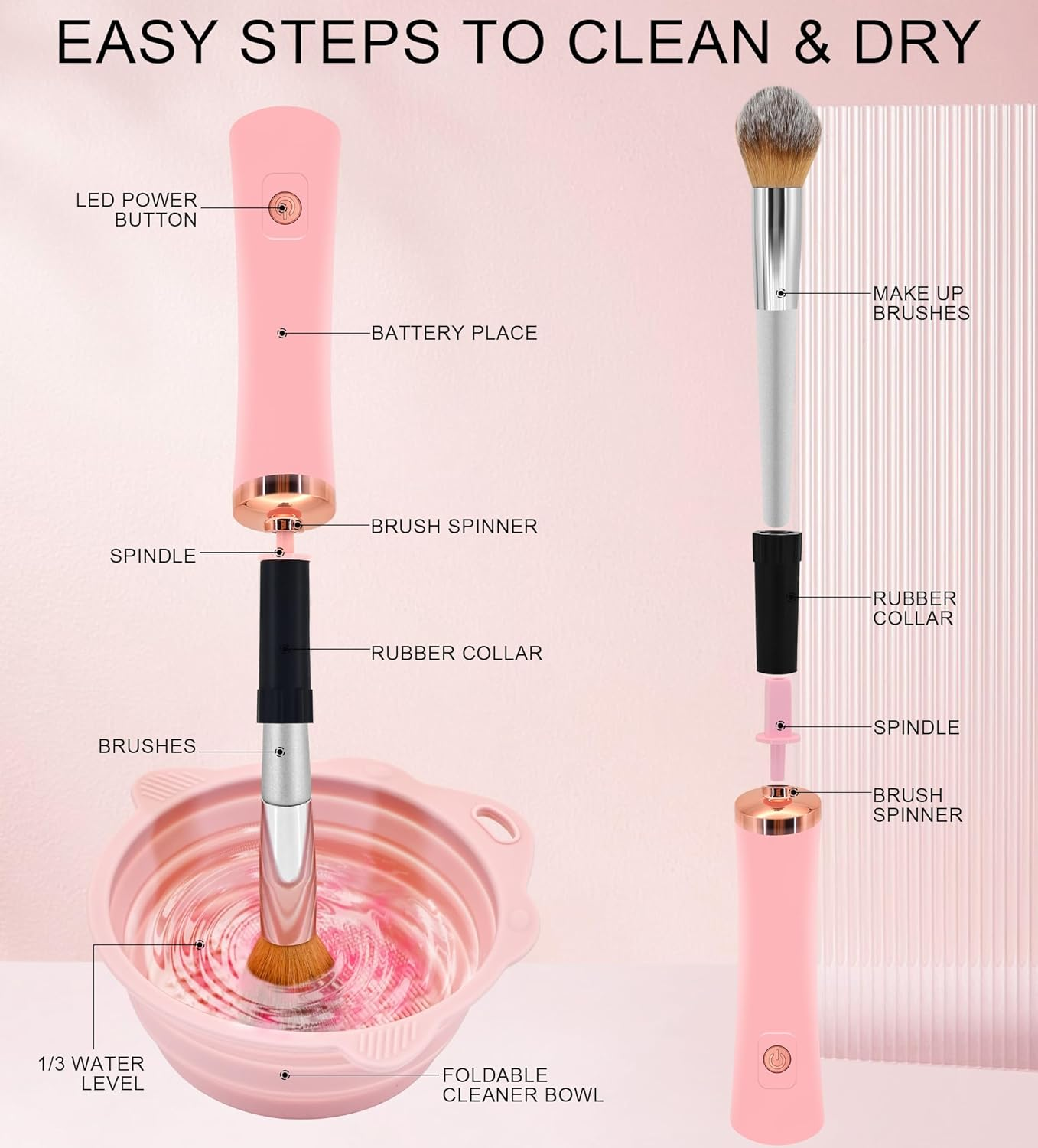 YBVABE Makeup Brush Cleaner and Dryer &ndash; Electric 10S Quick Clean & Dry with Foldable Silicone Bowl &ndash; Portable Spin Cleaning Tool for All Makeup Brushes &ndash; Battery & Rechargeable Options