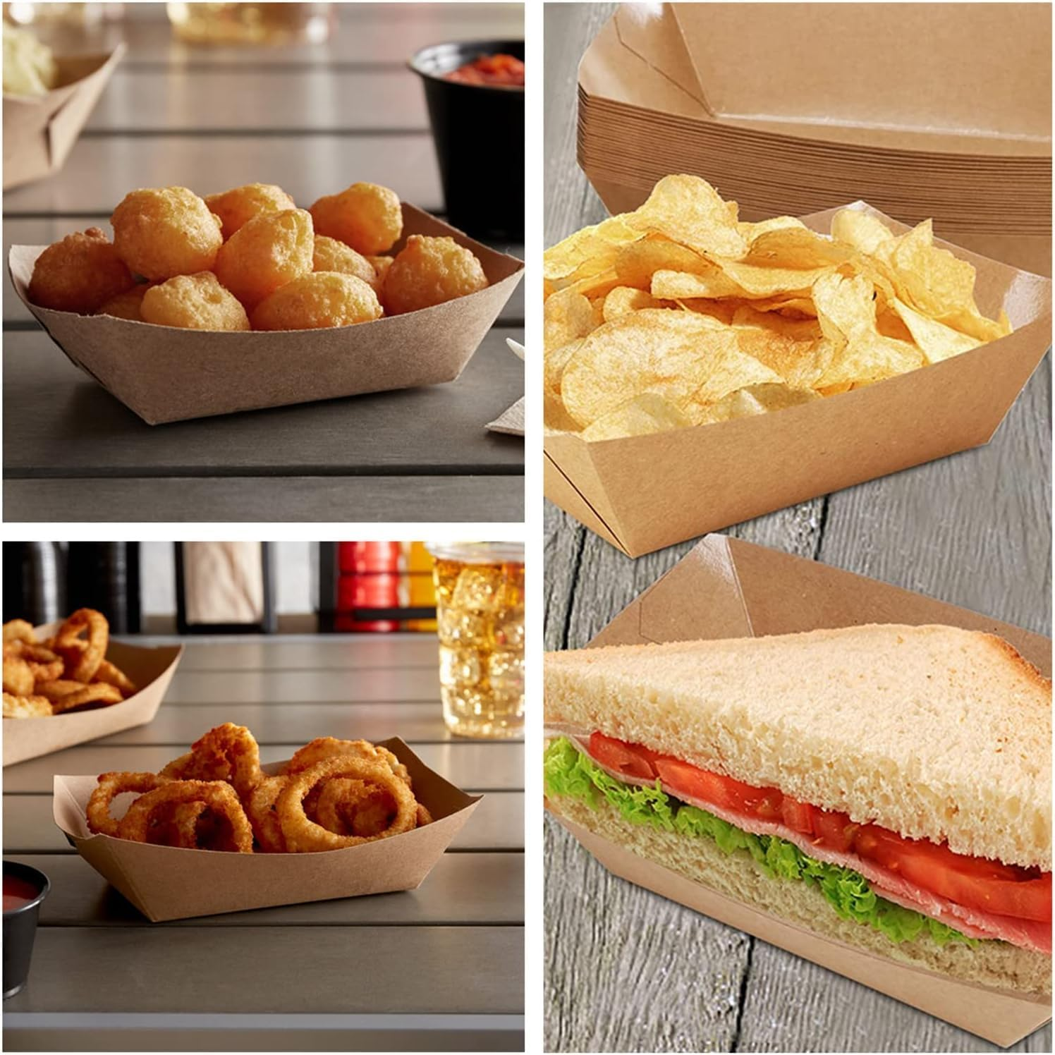 100 Pack Kraft Paper Food Trays, Paper Food Boats,Brown Paperboard Serving Basket Tray for French Fries Nachos Snack Hot Dog Taco BBQ Popcorn Party Picnic Wedding Party image number 3