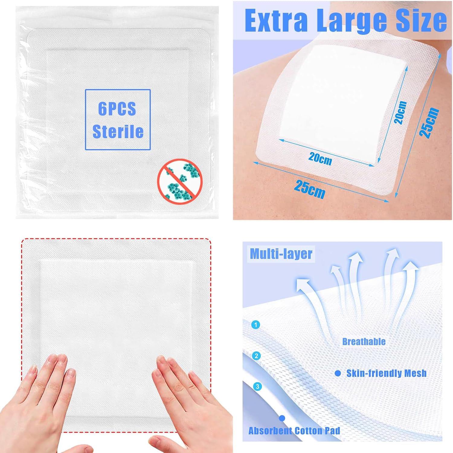 Extra-Large Breathable Wound Dressings Pads 25Cmx25Cm (6-Pack),Sterile Individually Wrapped Dressing Patches, Non-Stick Wound Care for Burns, Ulcers,Post-Surgery image number 6