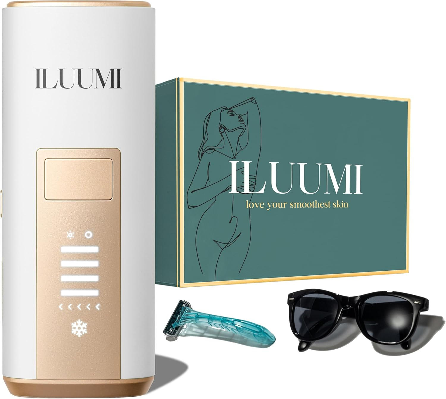 ILUUMI IPL Hair Removal Device for Face and Body, Permanent Hair Reduction for Women and Men, with 5 Intensity Levels and Ice-Cooling Technology, In-Home Use (Dark Green)